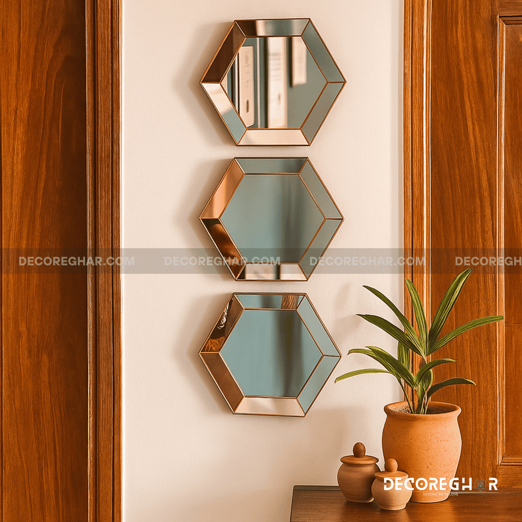 Modern Hexagonal Mirror Wall Art – Vertical Rose-Gold Set for Elegant Small Spaces