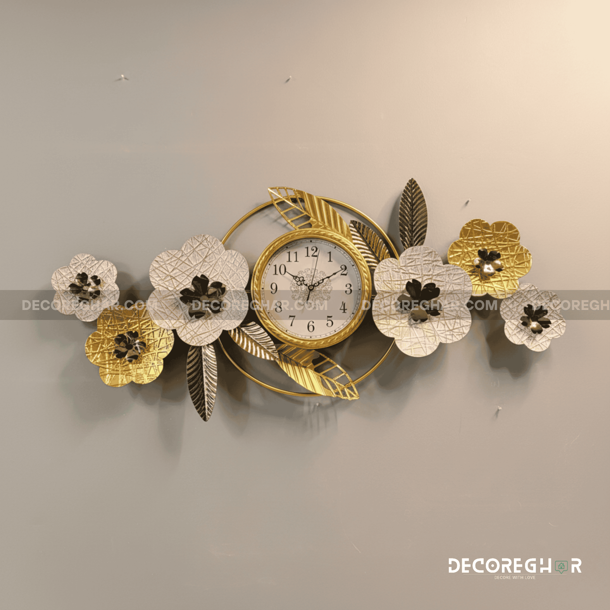 Luxury Floral Wall Clock – Gold & White Metal Design with Leaf Accents