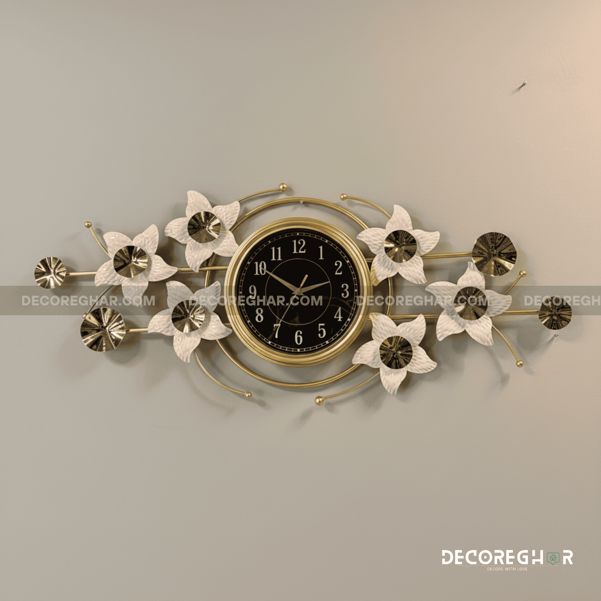 Floral Wall Clock, Black Dial Clock, Gold Wall Clock, Modern Home Decor, Elegant Wall Clock, Luxury Timepiece, Large Decorative Clock, Designer Wall Clock, Living Room Wall Decor