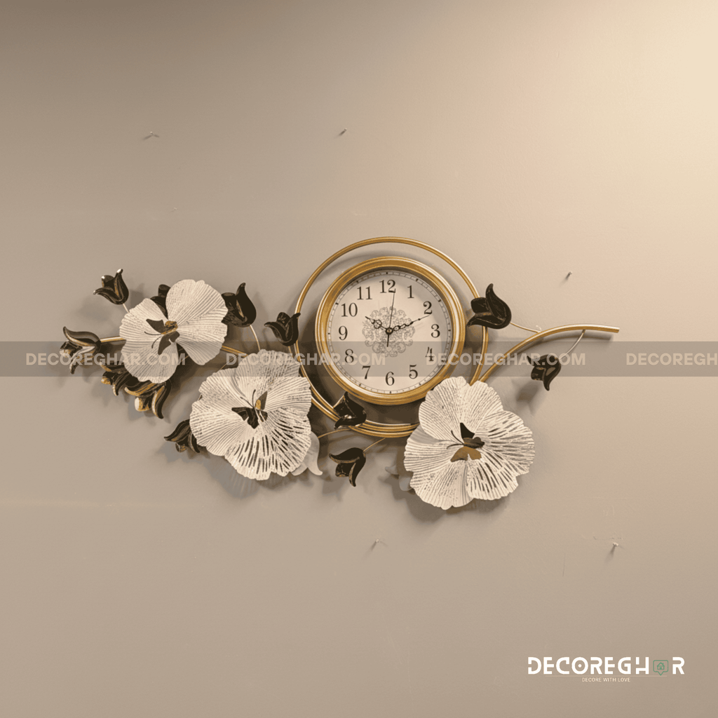 Elegant Floral Wall Clock – Gold Frame with 3D Metal Flower Design