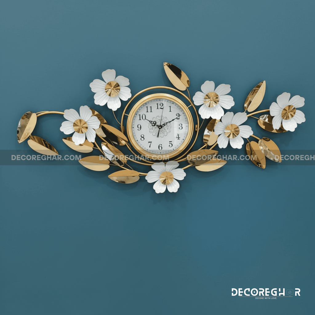 Elegant White and Gold Floral Wall Clock - Luxury 3D Metal Art
