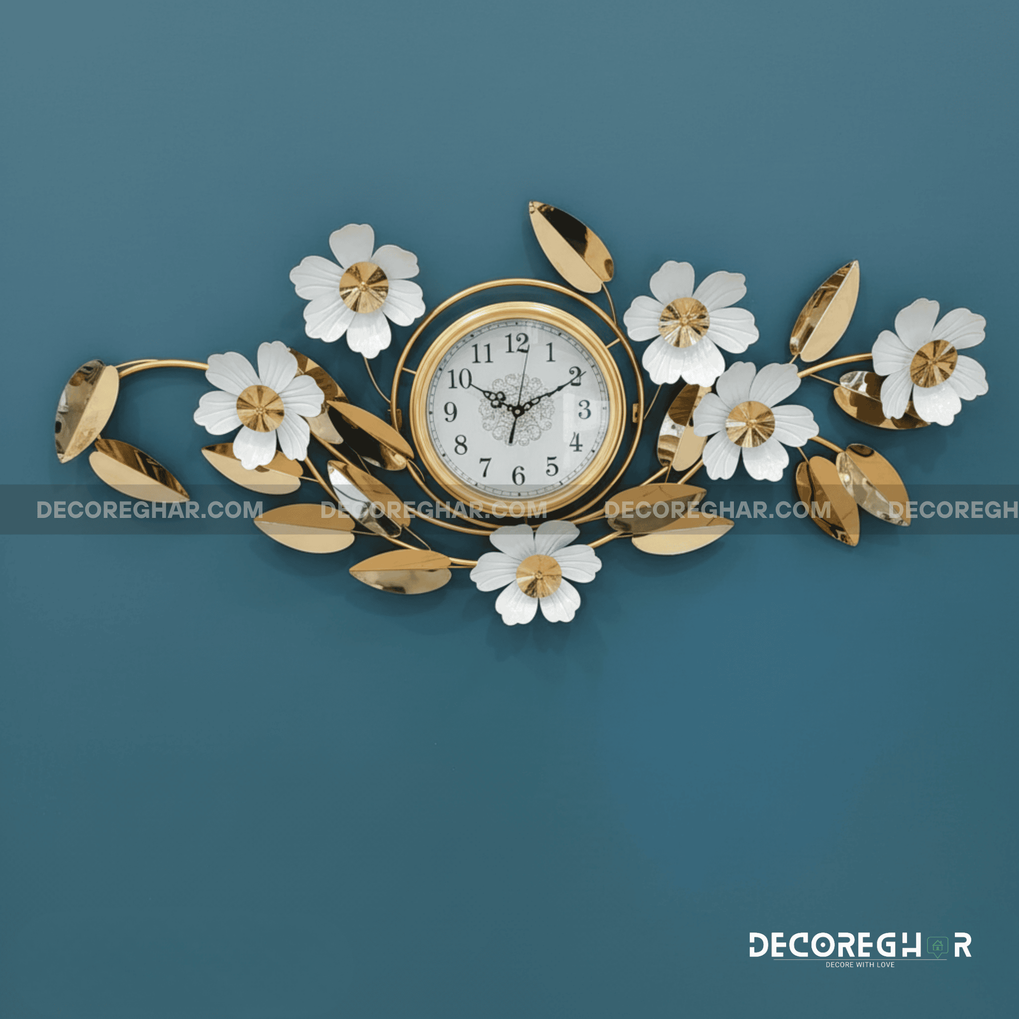 Elegant White and Gold Floral Wall Clock - Luxury 3D Metal Art