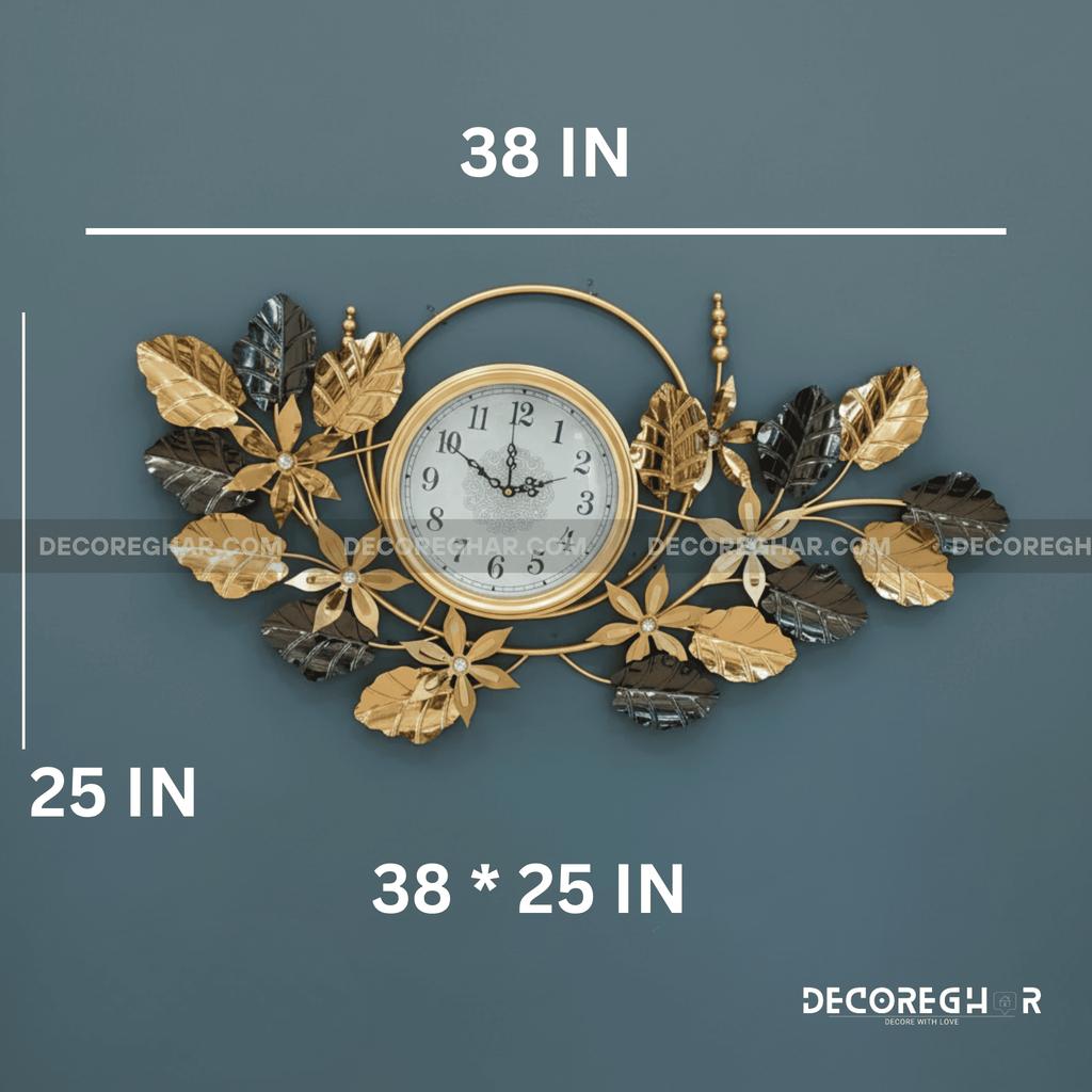 Symmetrical Gold and Dark Leaf Metal Wall Clock