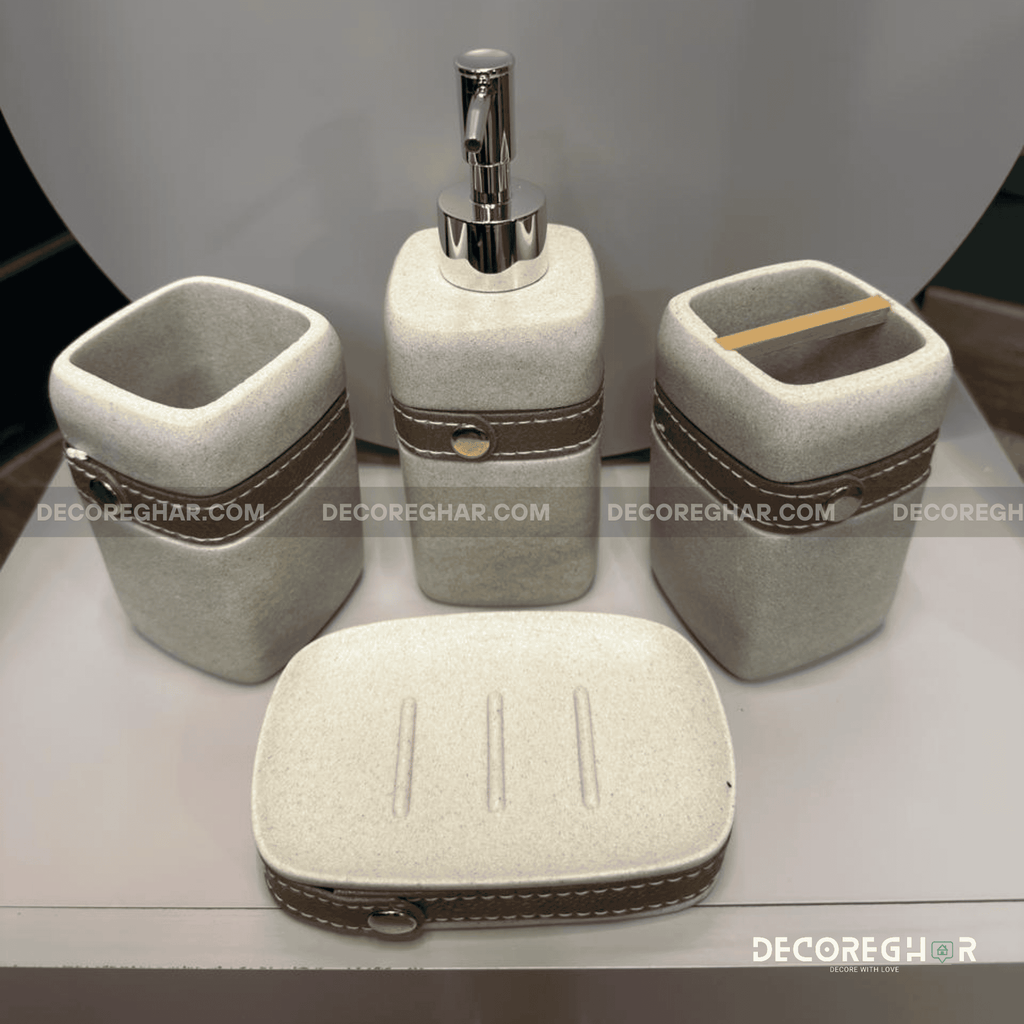 The Saddler Collection: Cream & Leather Bathroom Vanity Set