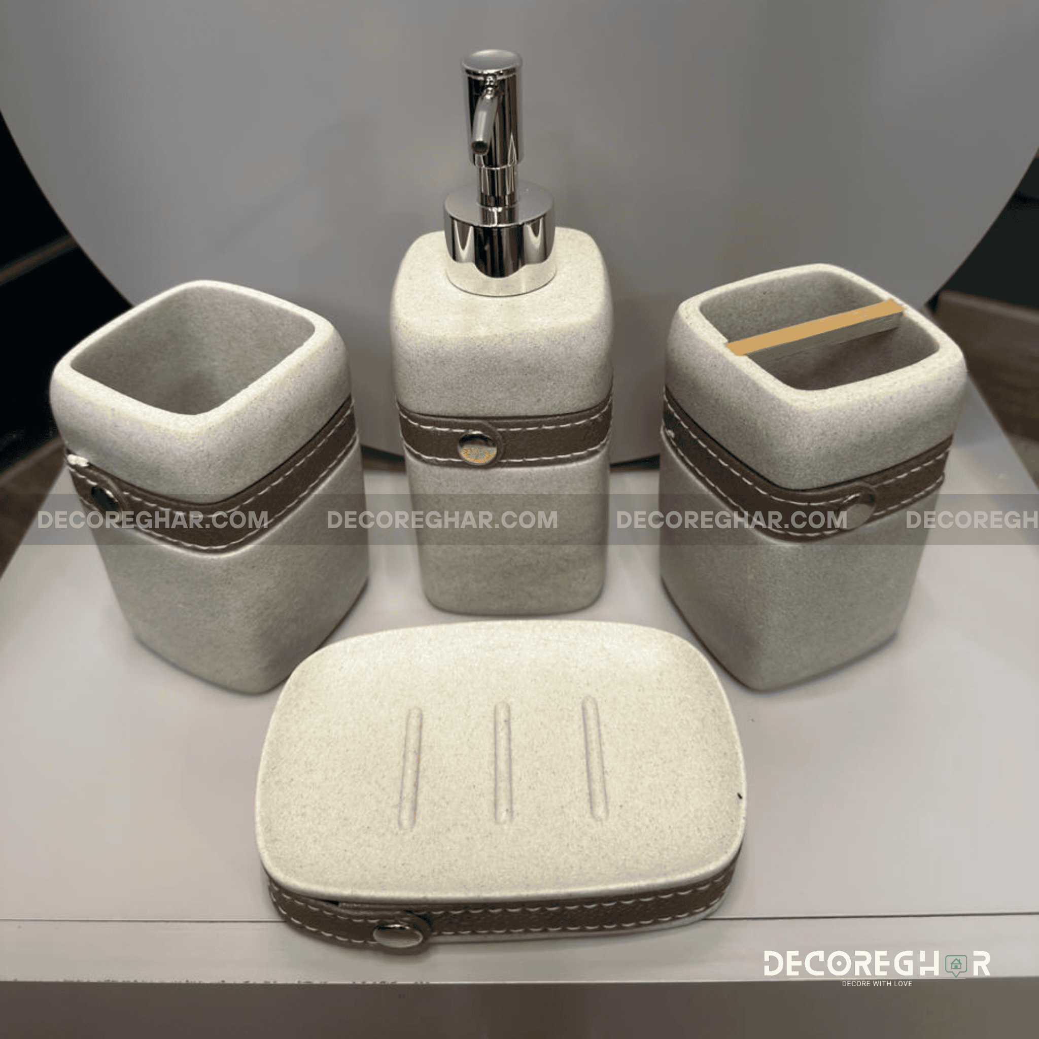 The Saddler Collection: Cream & Leather Bathroom Vanity Set