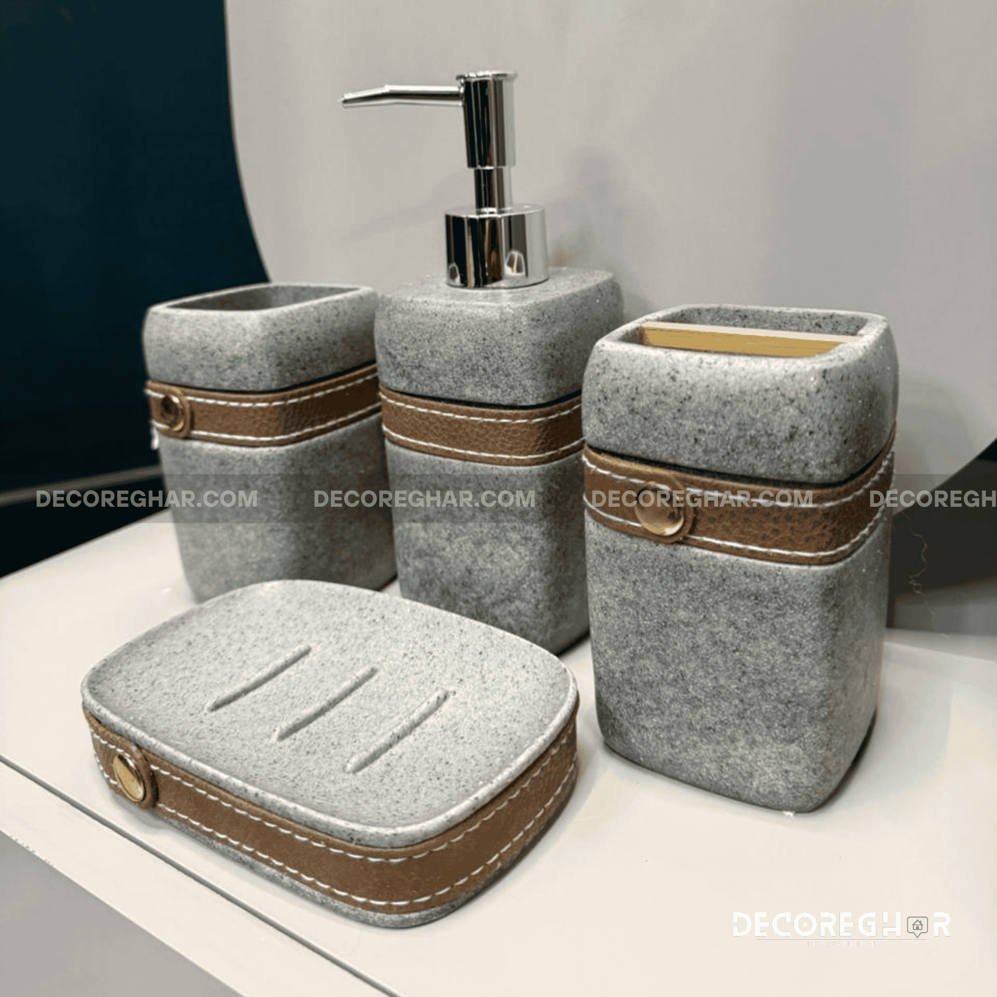The Saddler Collection: Cream & Leather Bathroom Vanity Set
