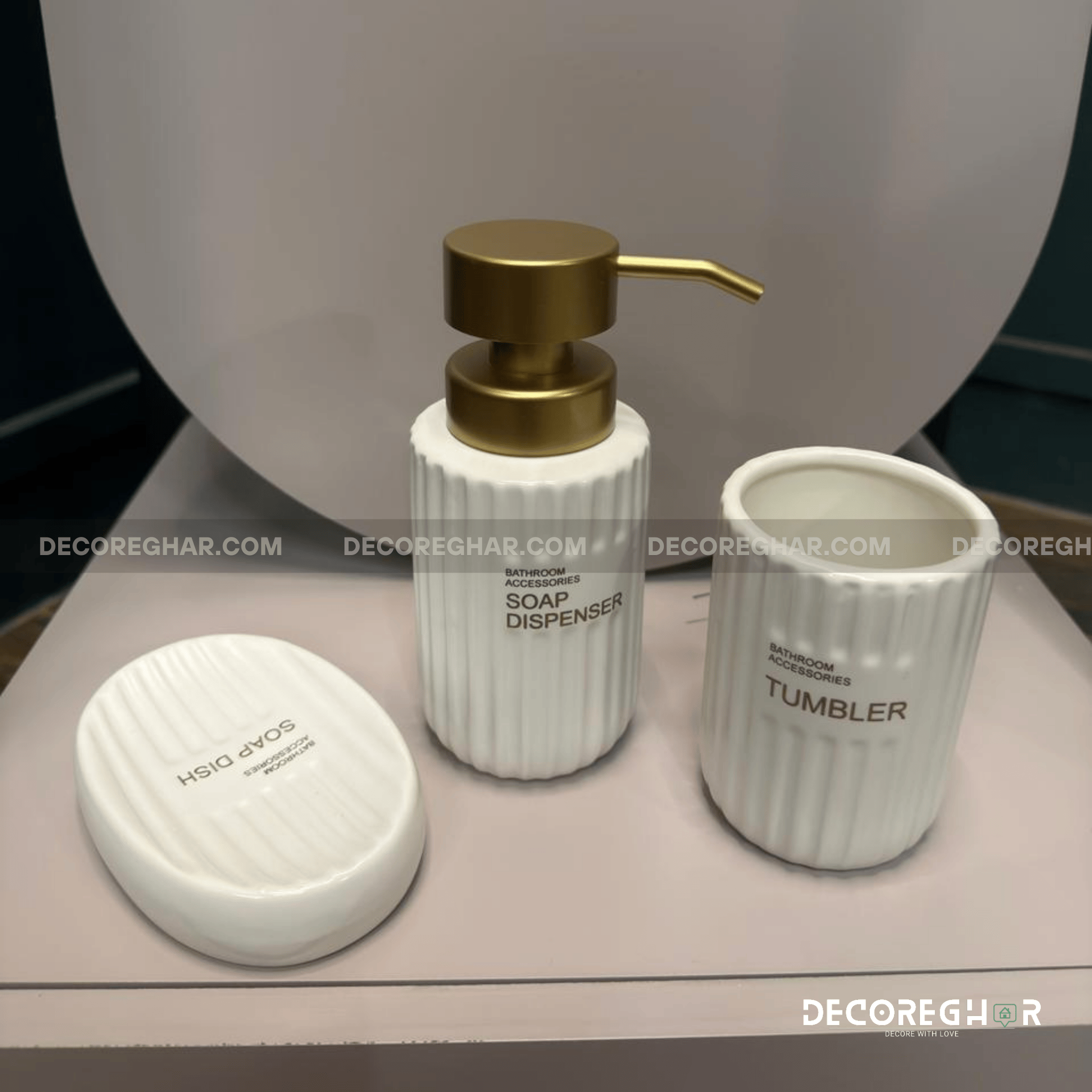 Luxury Fluted White Ceramic Bathroom Set with Gold Pump (4-Piece)