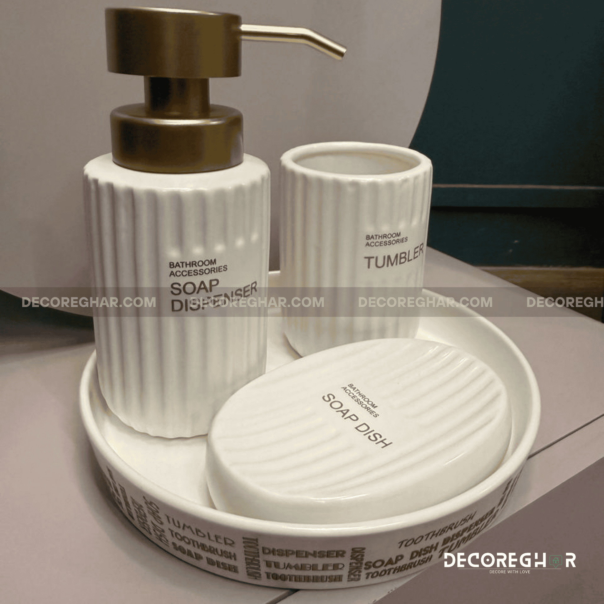 Luxury Fluted White Ceramic Bathroom Set with Gold Pump (4-Piece)