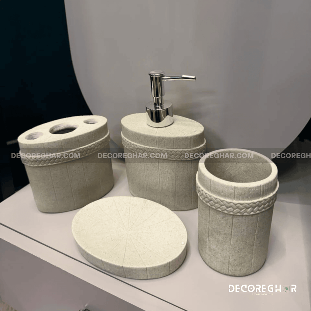Rustic Spa Collection: Sand-Effect Soap Dispenser, Tumbler, & Holders