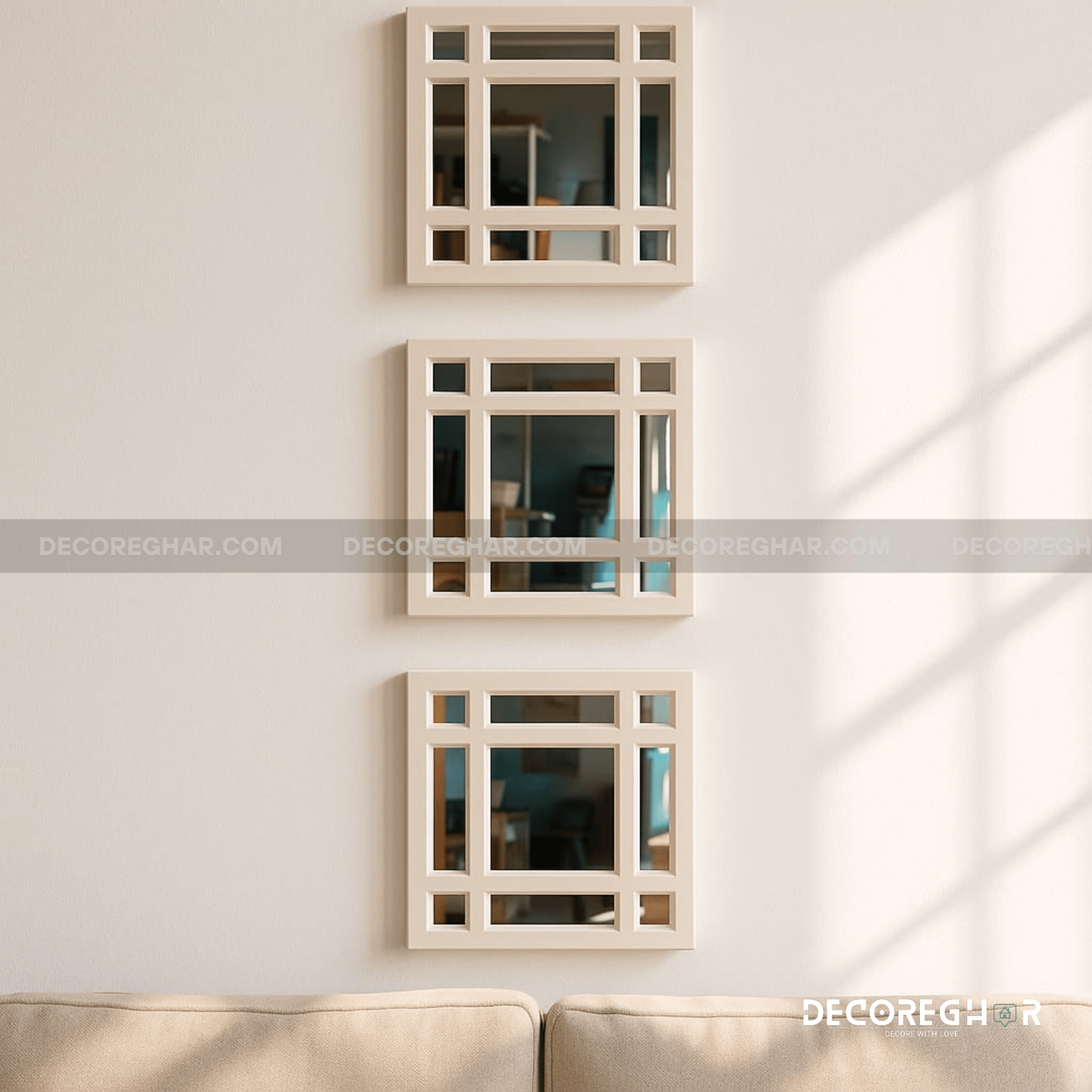 Modern Geometric Wall Mirrors – Set of 3 Decorative Square Mirrors for Living Room & Bedroom