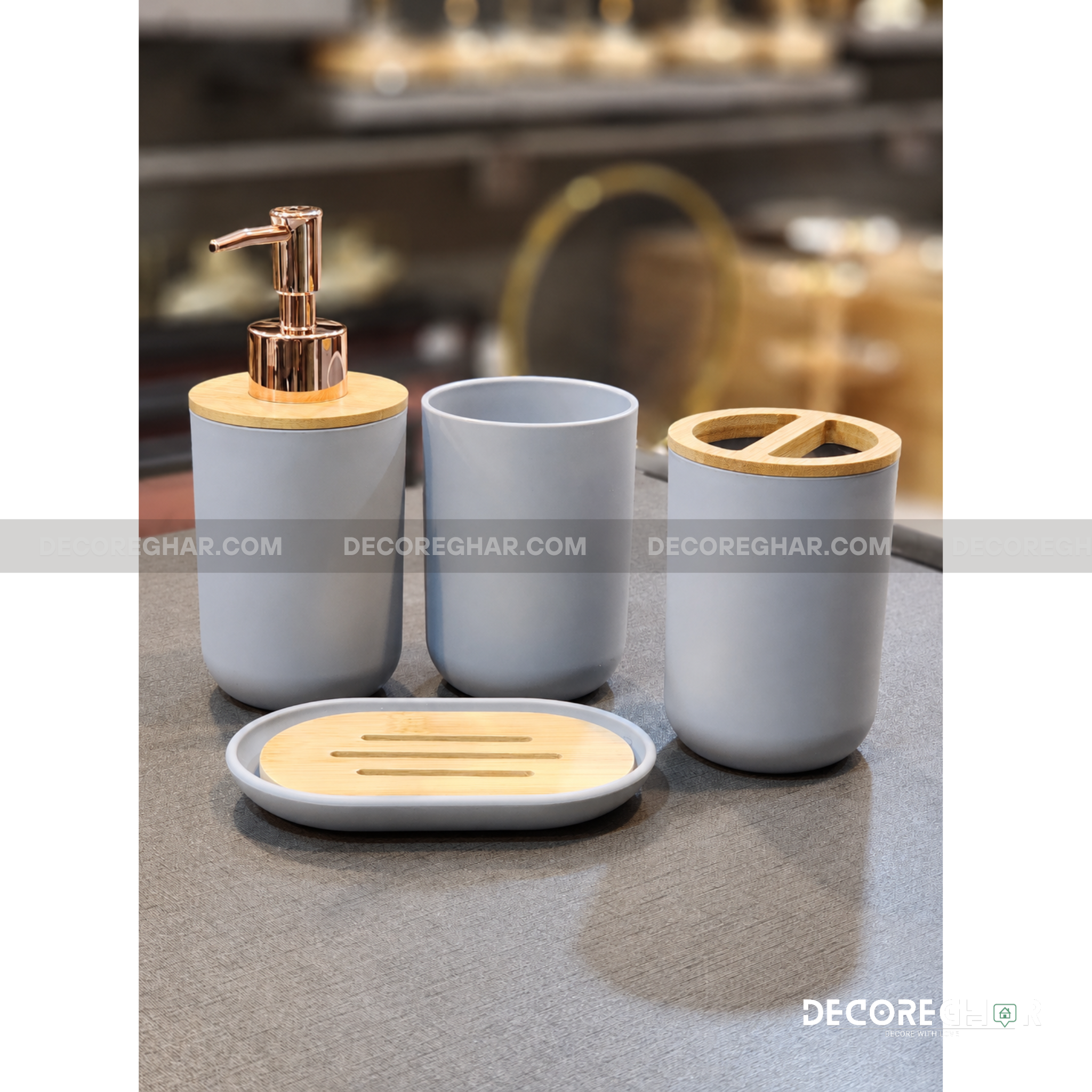 Modern Matte Grey & Bamboo Bathroom Accessory Set – 4-Piece Vanity Organizer