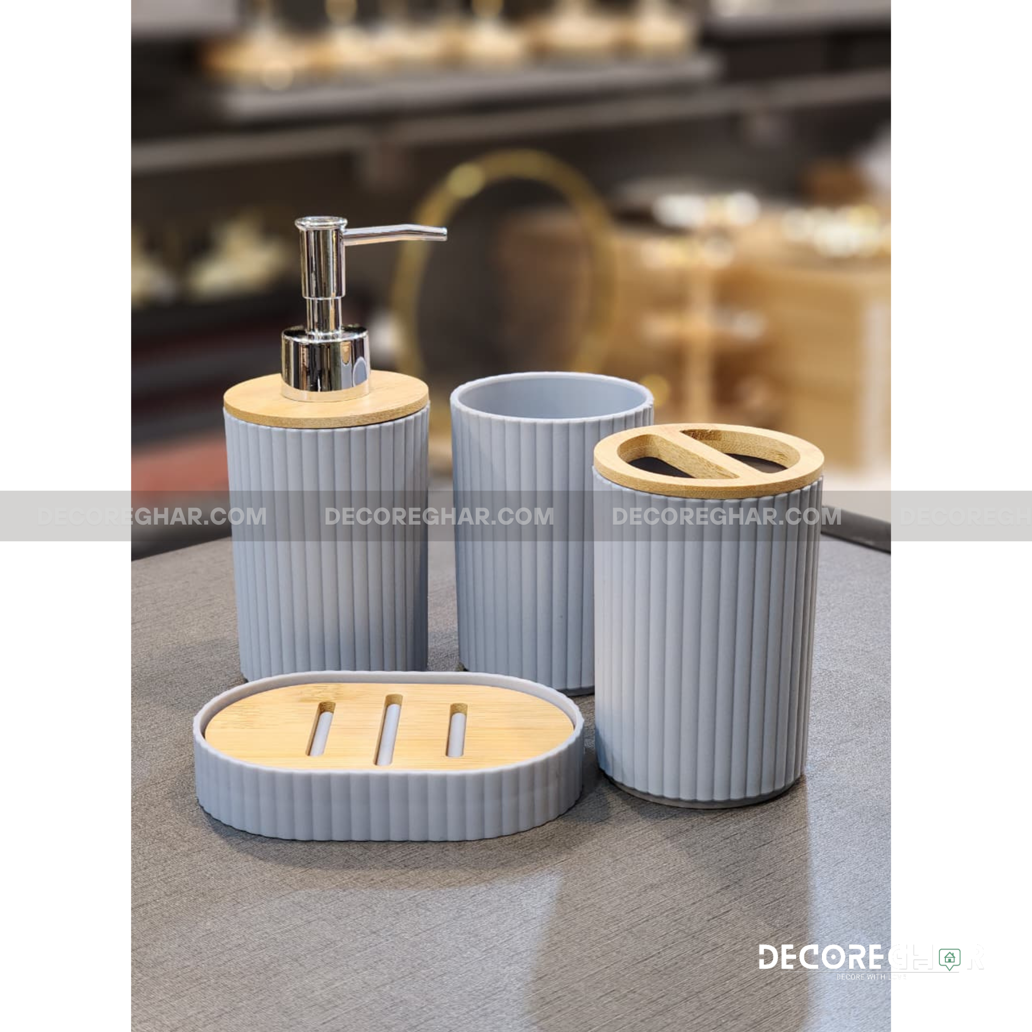Modern Matte Grey & Bamboo Bathroom Accessory Set – 4-Piece Vanity Organizer
