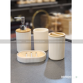Modern Matte Beige & Bamboo Bathroom Accessory Set – 4-Piece Vanity Organizer