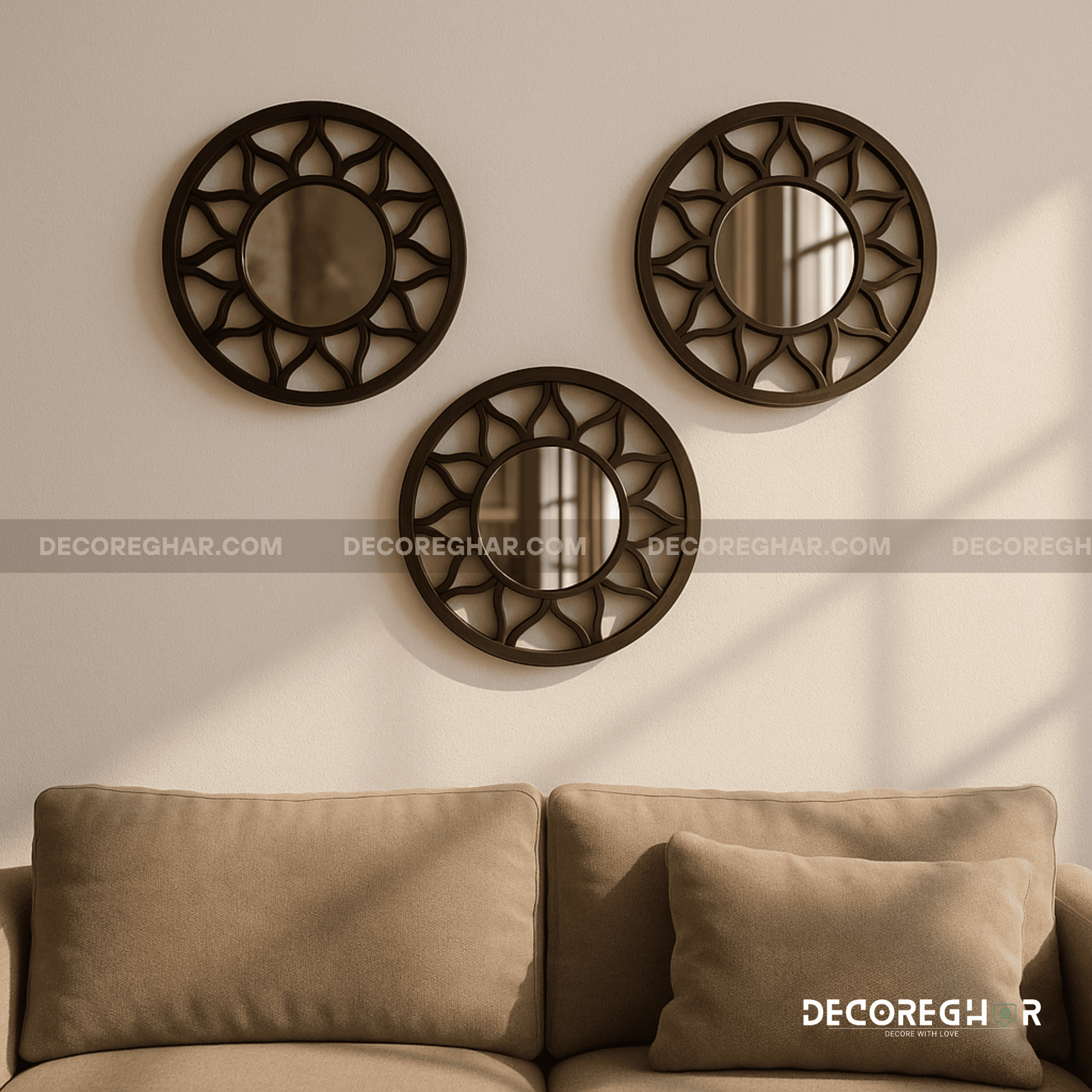 Elegant Round Wall Mirror Set – Decorative Modern Sunburst Design for Living Room