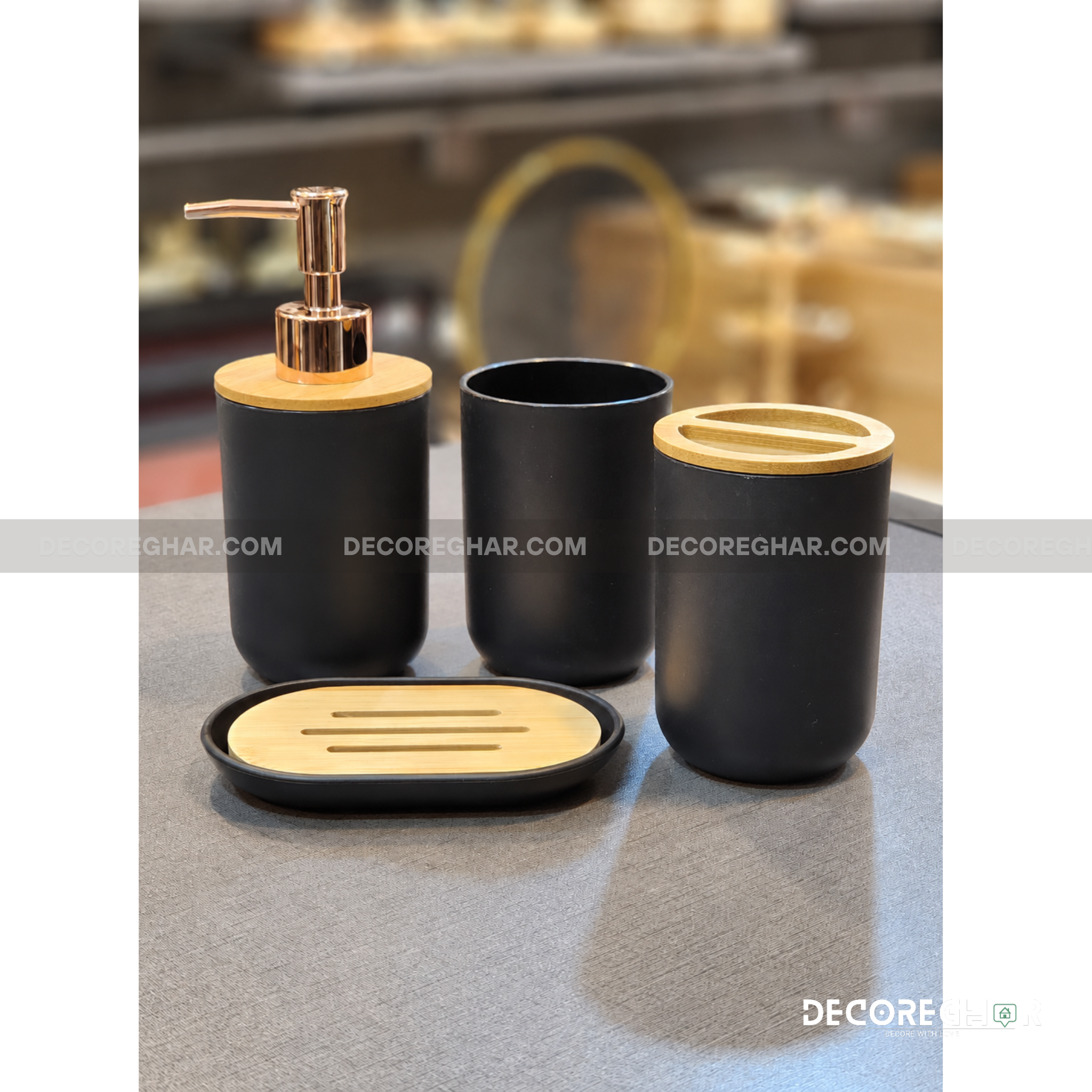 Modern Matte Black & Bamboo Bathroom Accessory Set – 4-Piece Vanity Organizer