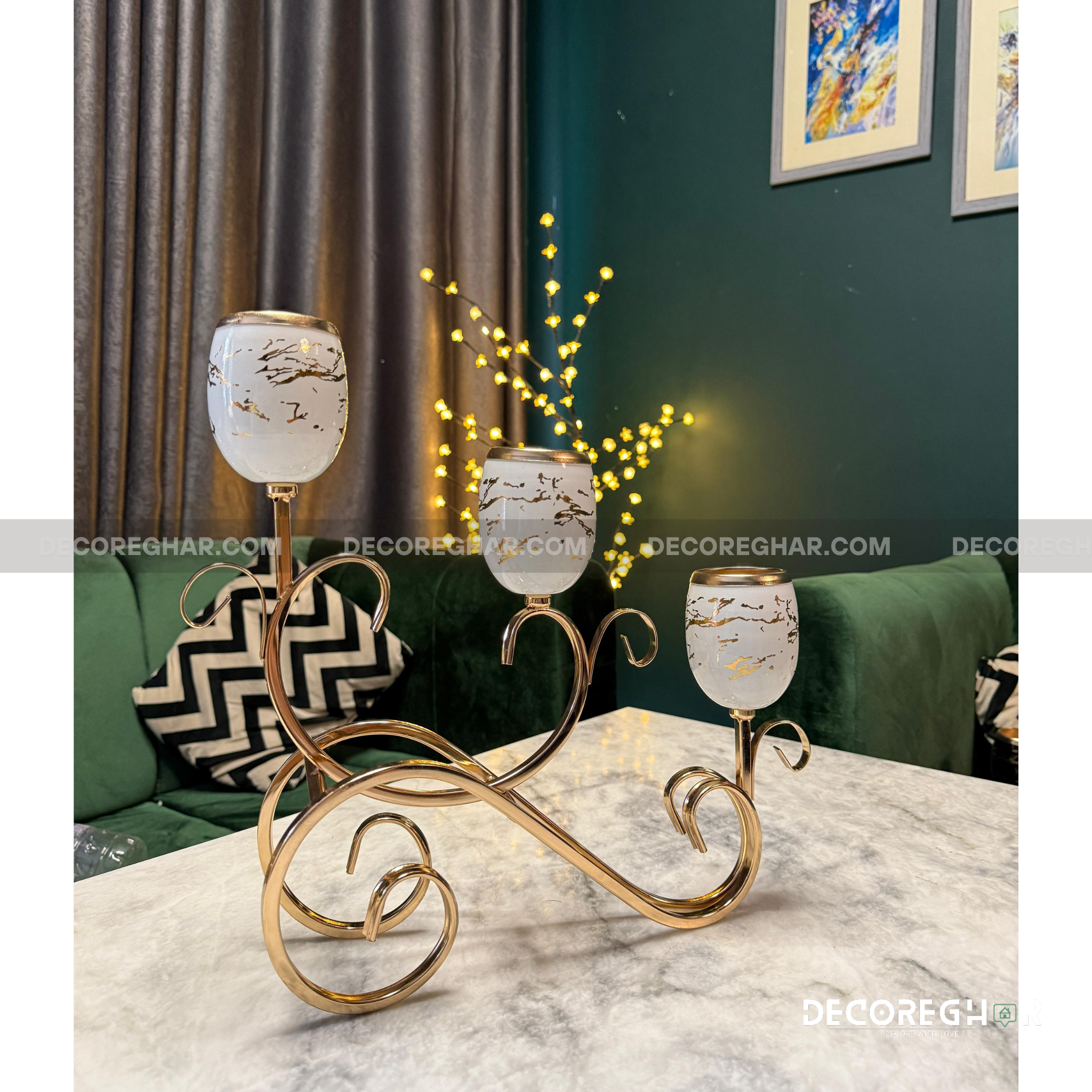 Luxury 3-Arm Candle Holder – Gold Metal Stand with White Marble-Effect Glass Cups