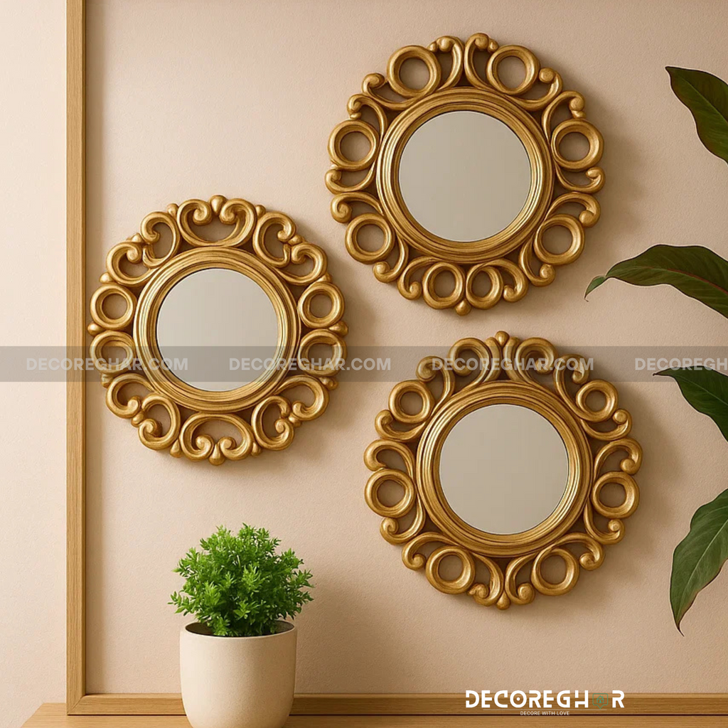 Upscale Set of 3 Wall Mounted 10 inch Decorative Mirrors for Living Room, Home Decor & Bedroom, Round Hanging Wall Decor