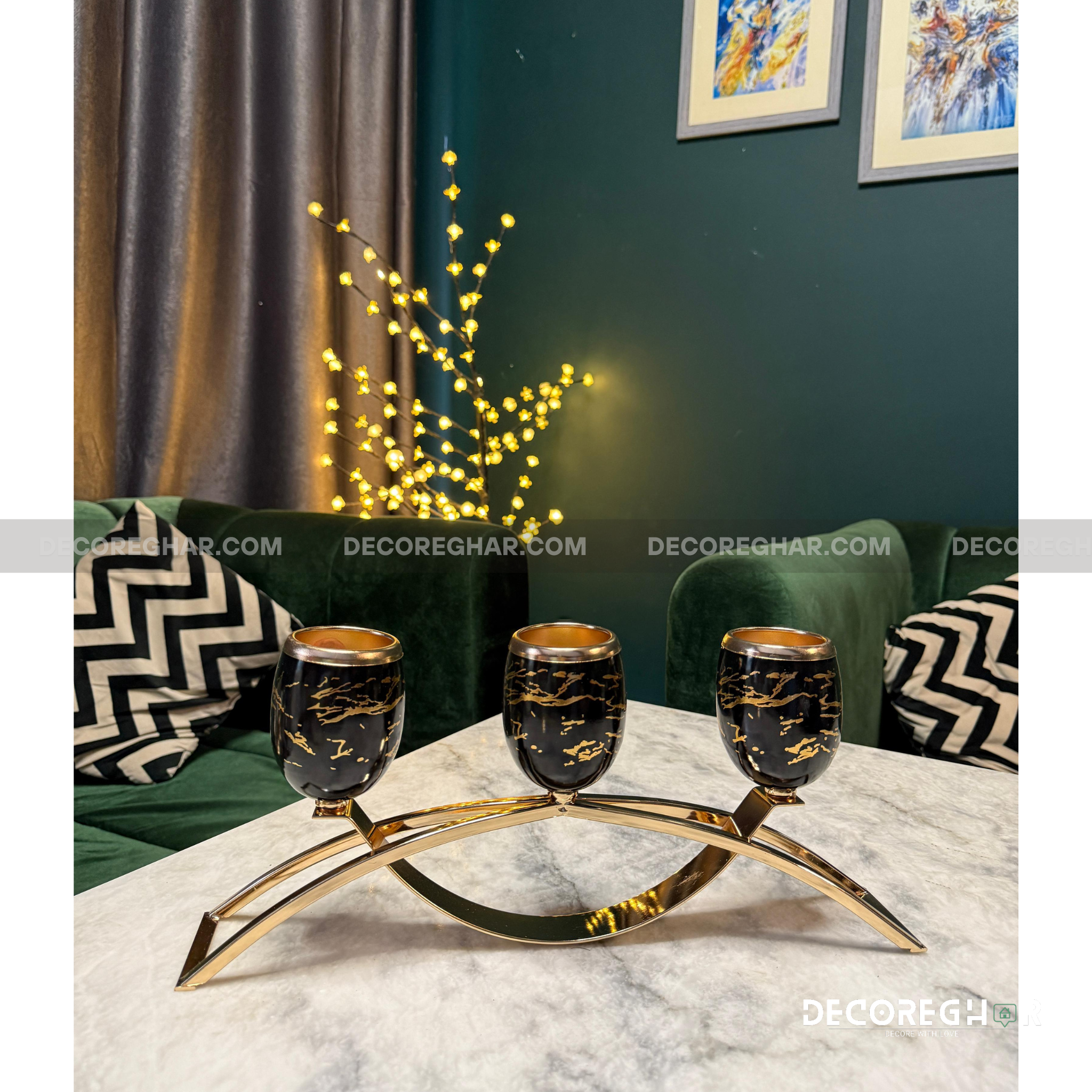 Elegant Gold-Plated Candelabra with Marble-Effect Cups