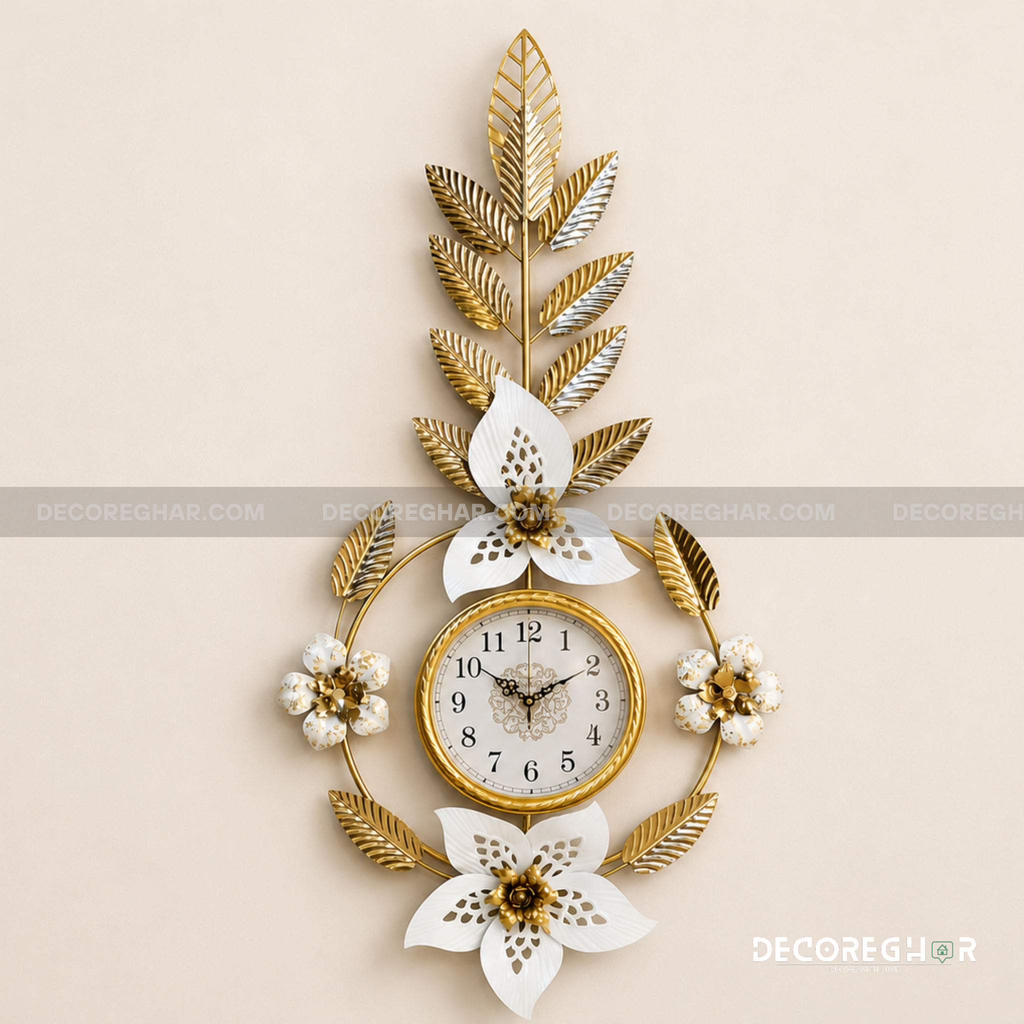 Luxury Gold & White Floral Metal Wall Clock | Modern Decorative Silent Wall Clock for Living Room