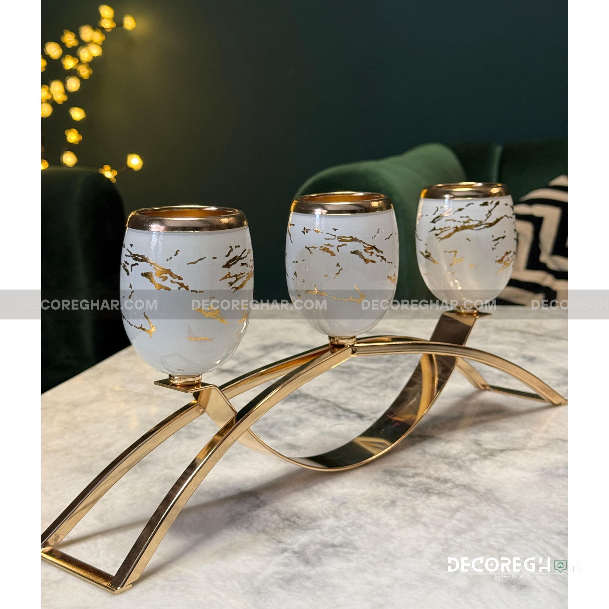 Elegant Gold-Plated Candelabra with Marble-Effect Cups