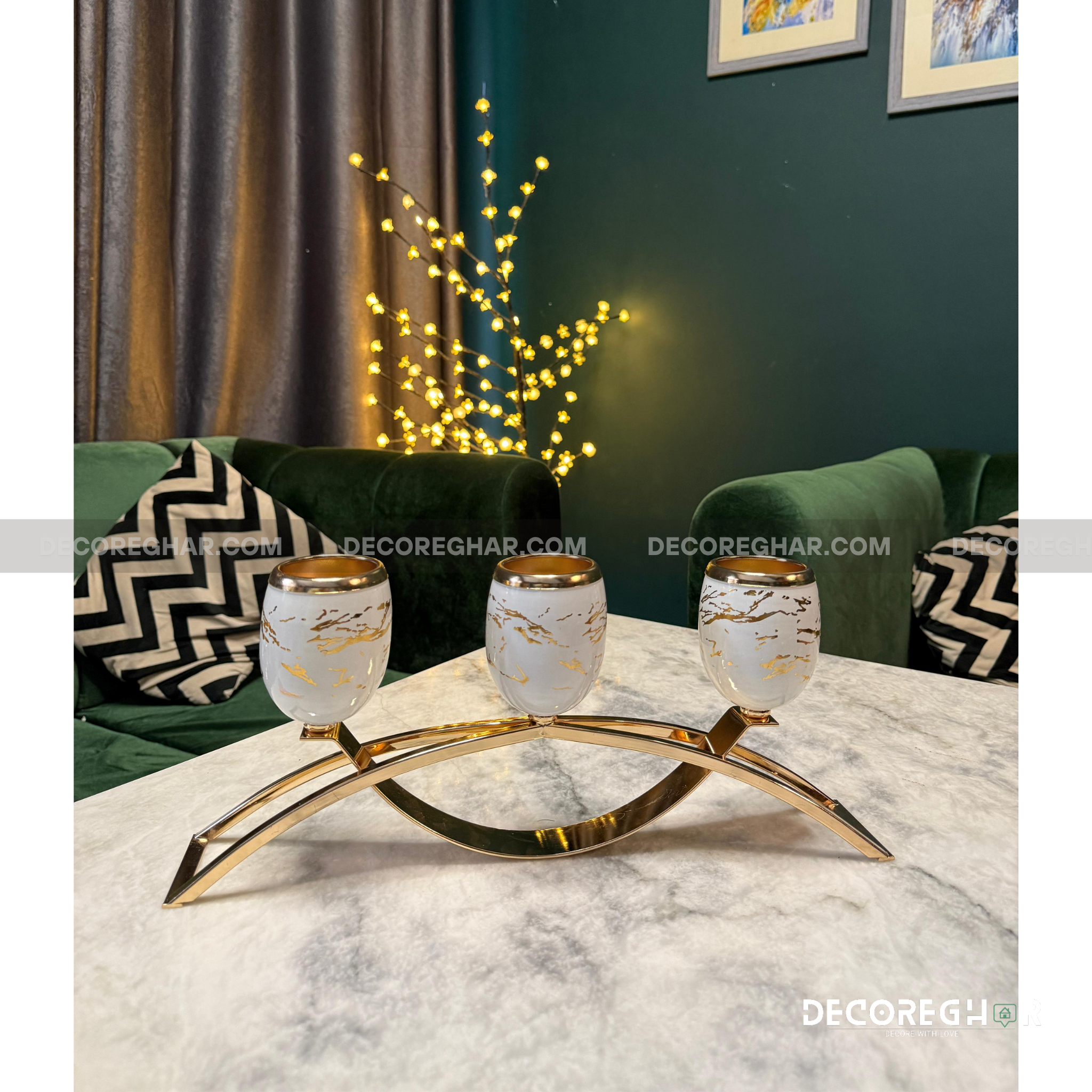 Elegant Gold-Plated Candelabra with Marble-Effect Cups