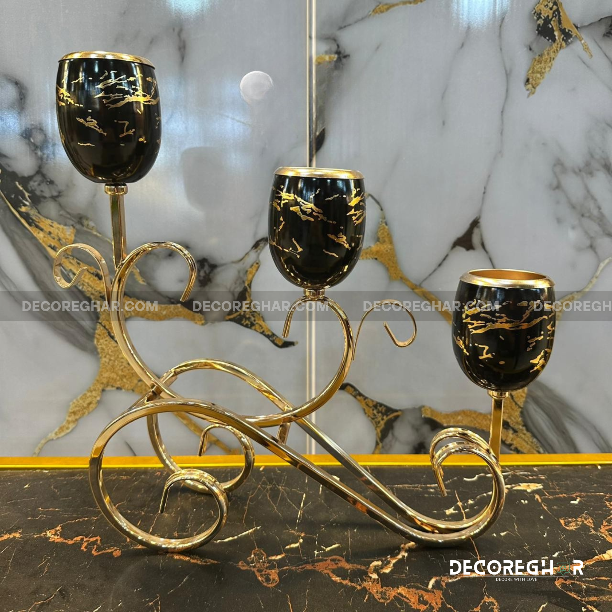 Luxury 3-Arm Candle Holder – Gold Metal Stand with White Marble-Effect Glass Cups