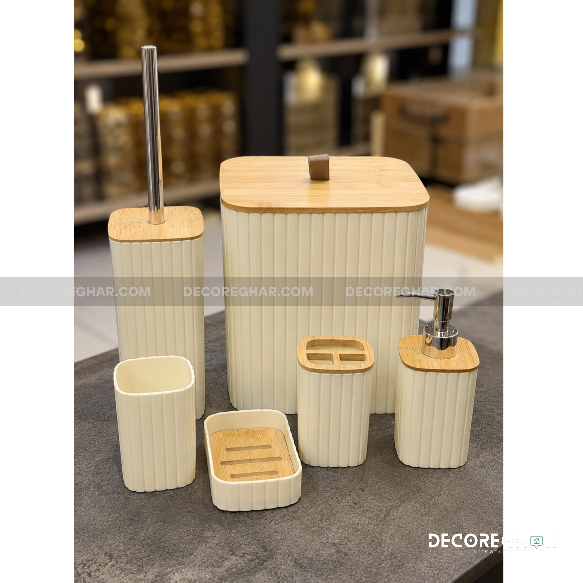 Ribbed Bamboo Bathroom Accessory Set – 6 Piece