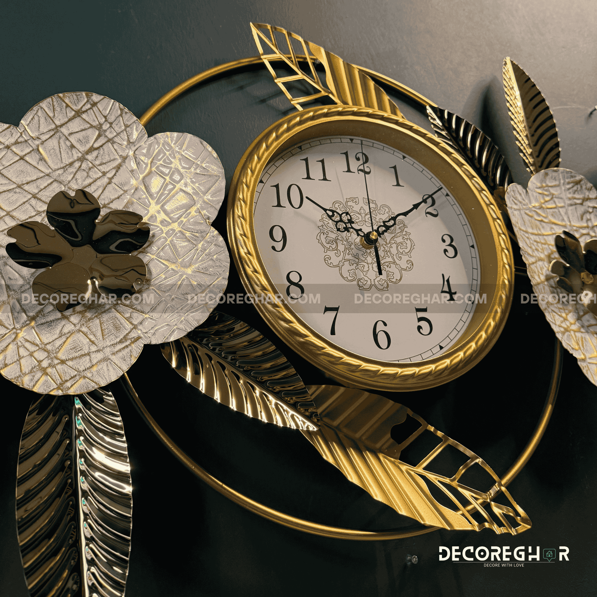 Luxury Floral Wall Clock – Gold & White Metal Design with Leaf Accents