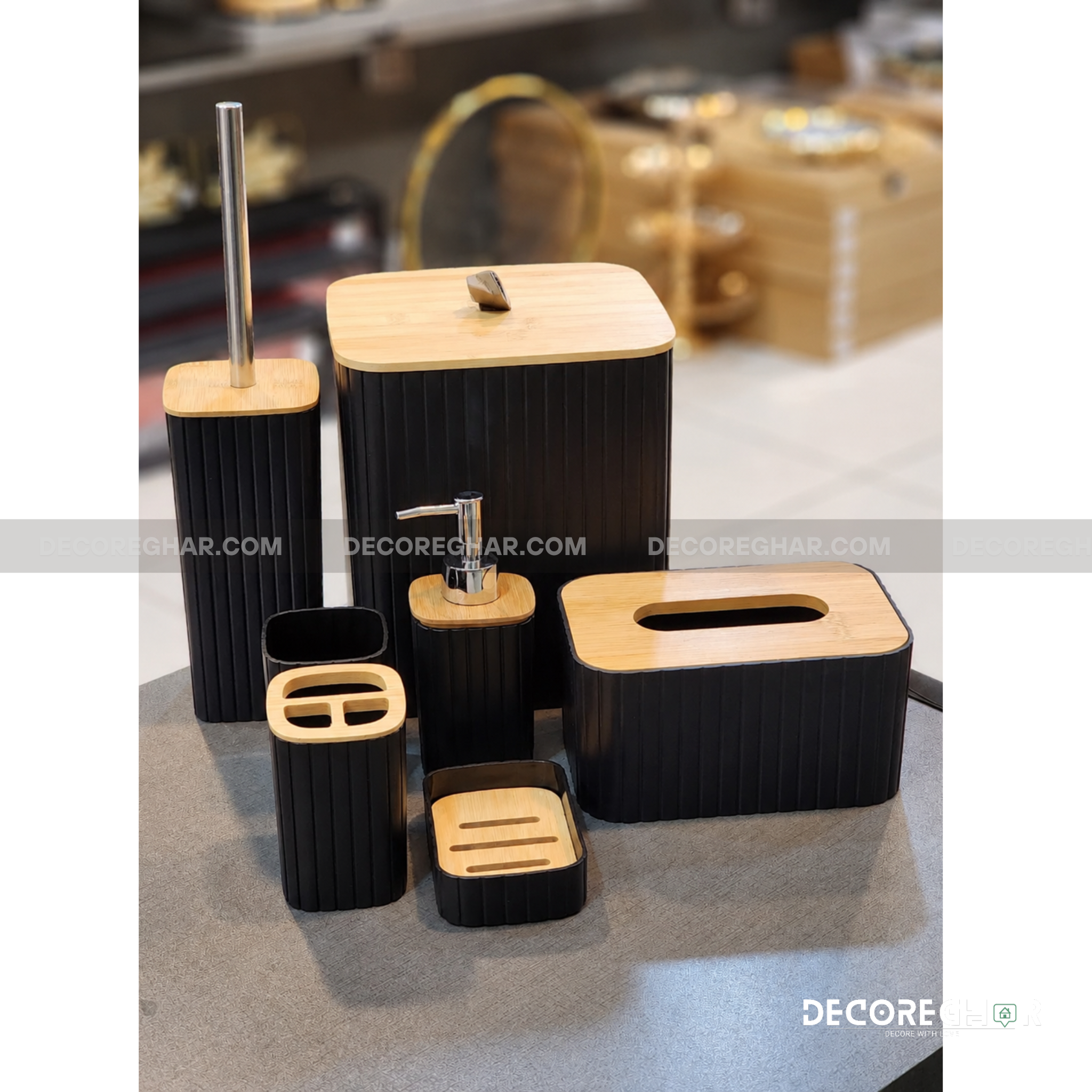 Ribbed Bamboo Bathroom Accessory Set – 6 Piece