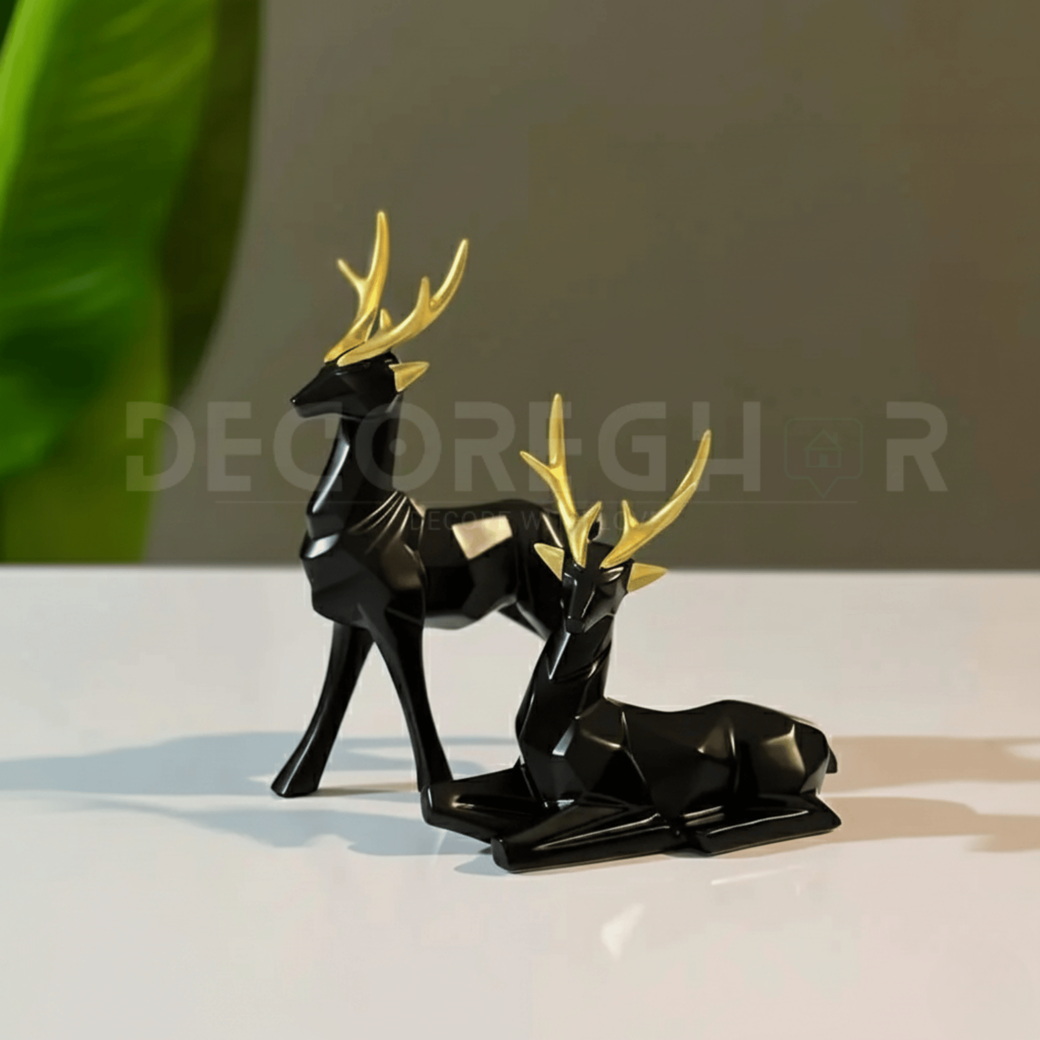 Geometric Black and Gold Deer Statues (Pair of Two)