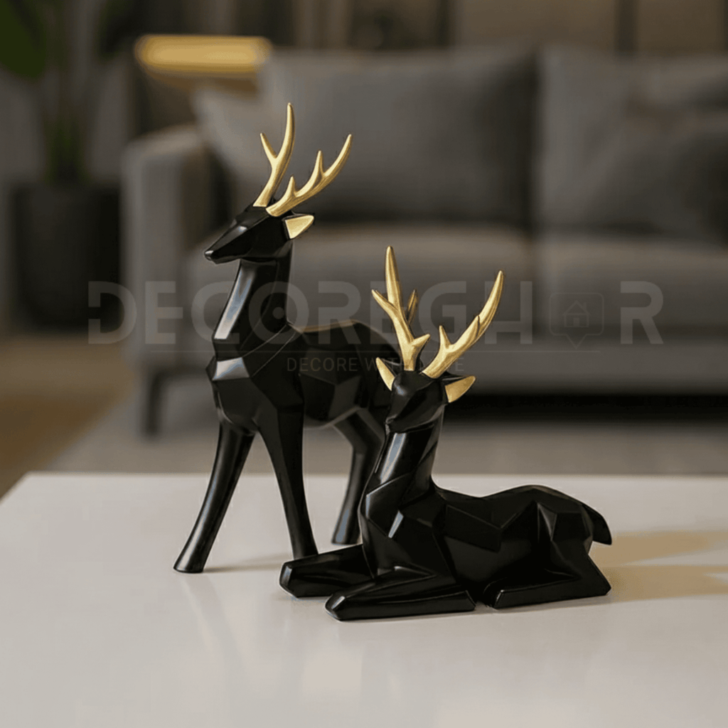 Geometric Black and Gold Deer Statues (Pair of Two)
