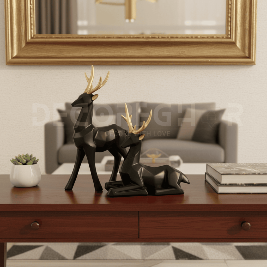 Geometric Black and Gold Deer Statues (Pair of Two)