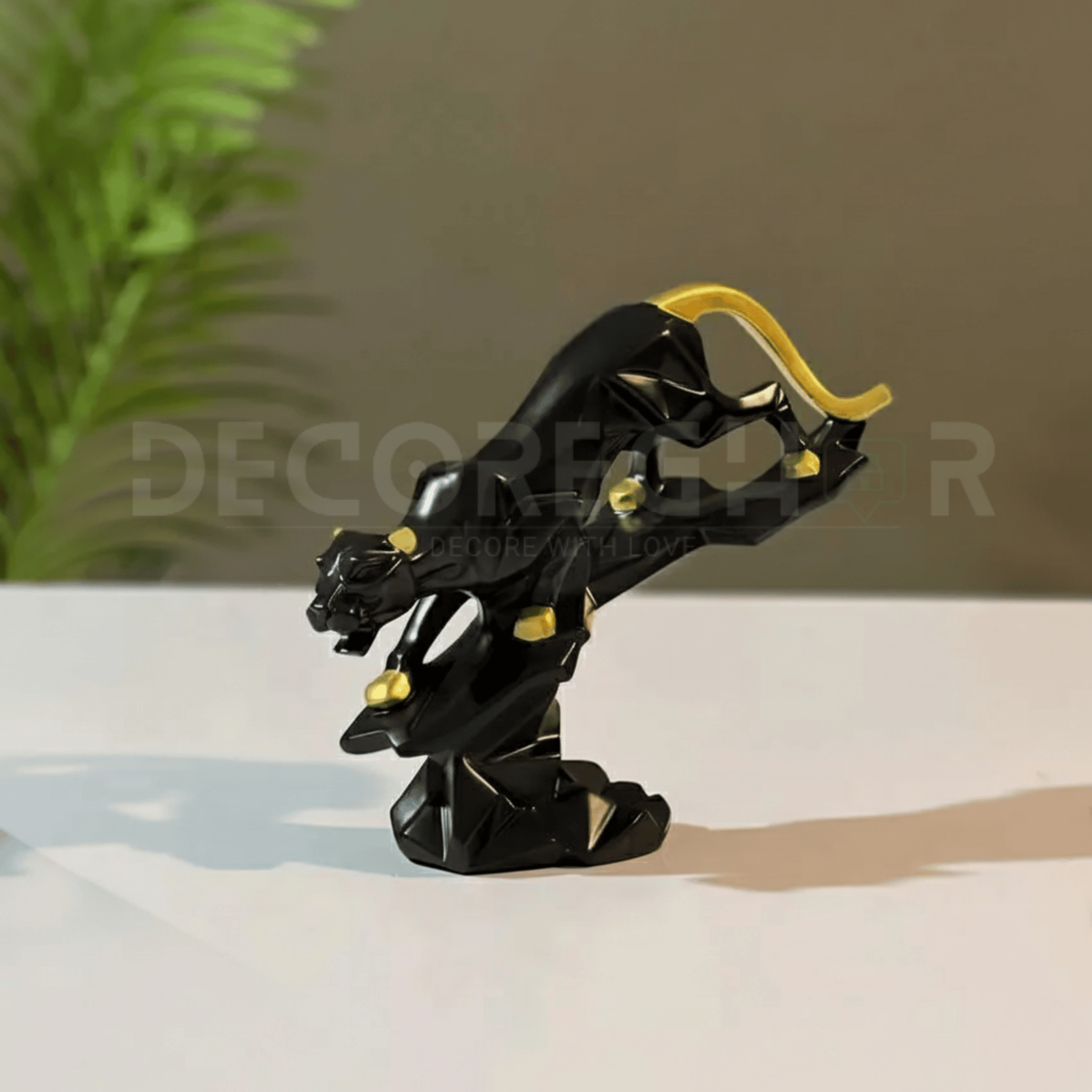 Modern Geometric Black and Gold Panther Sculpture (Porcelain)