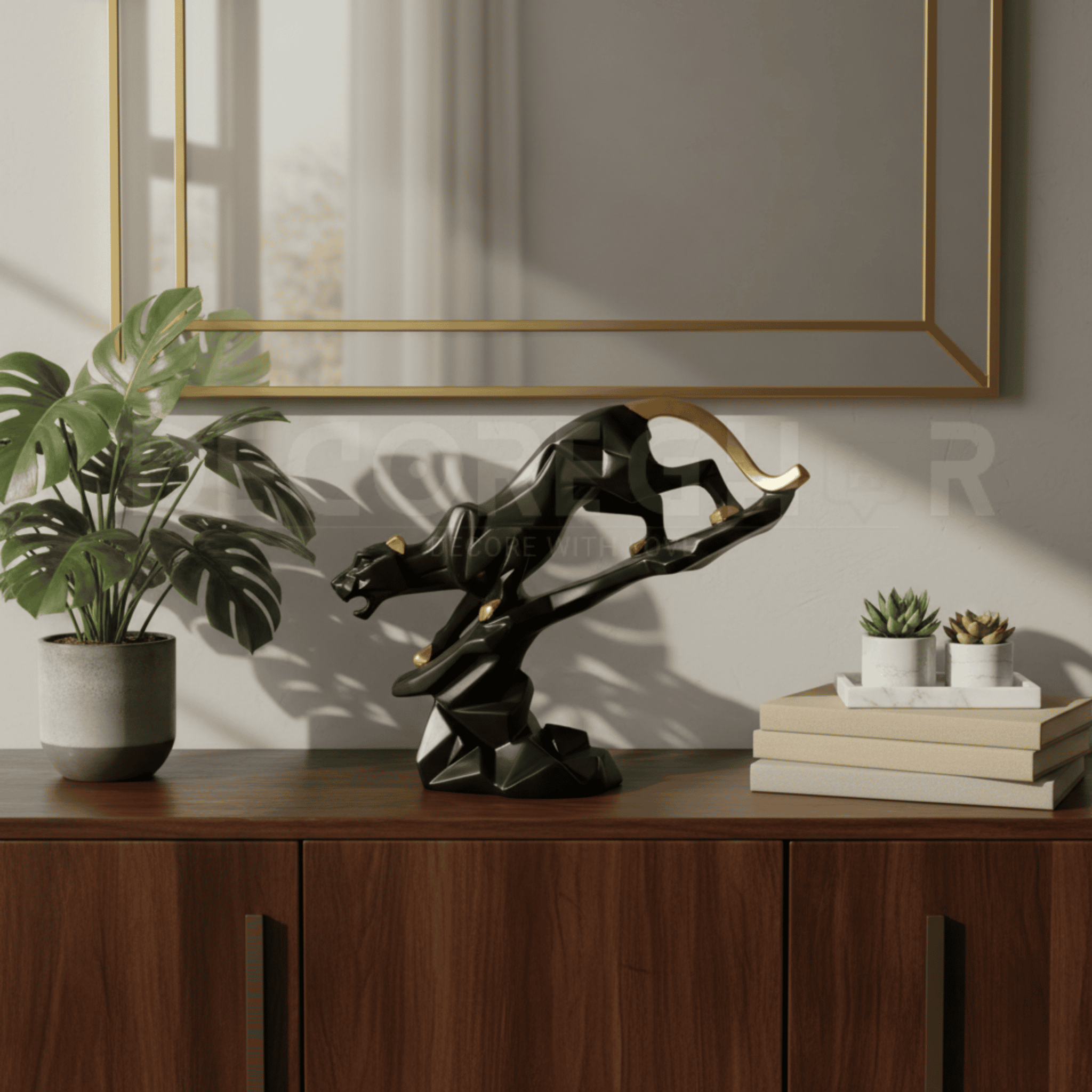 Modern Geometric Black and Gold Panther Sculpture (Porcelain)