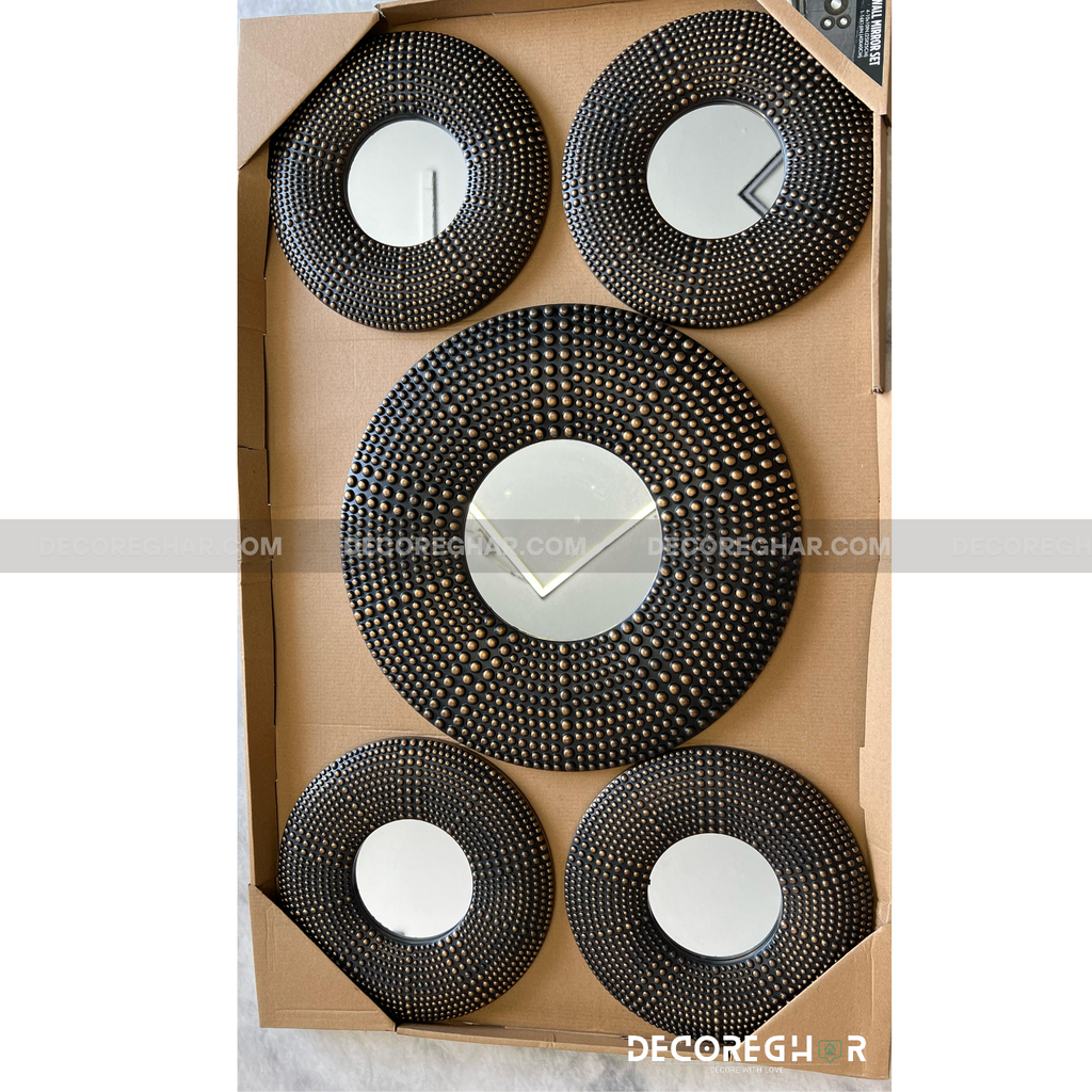 Elegant Black Wall Mirrors with Gold Detailing - Set of 5