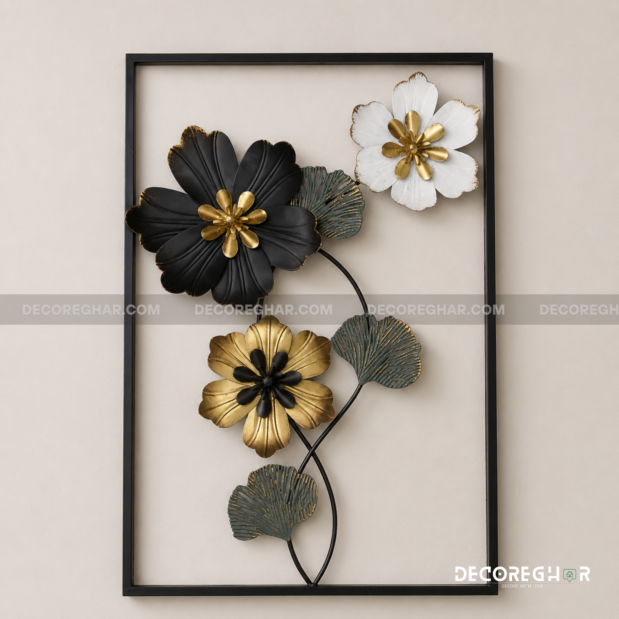 Framed Metal Floral Wall Art – Black, Gold & White Flowers