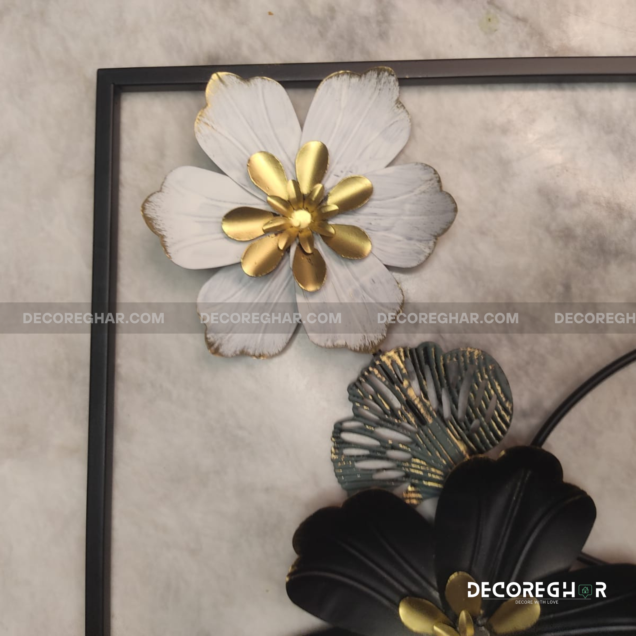 Framed Metal Floral Wall Art – Black, Gold & White Flowers
