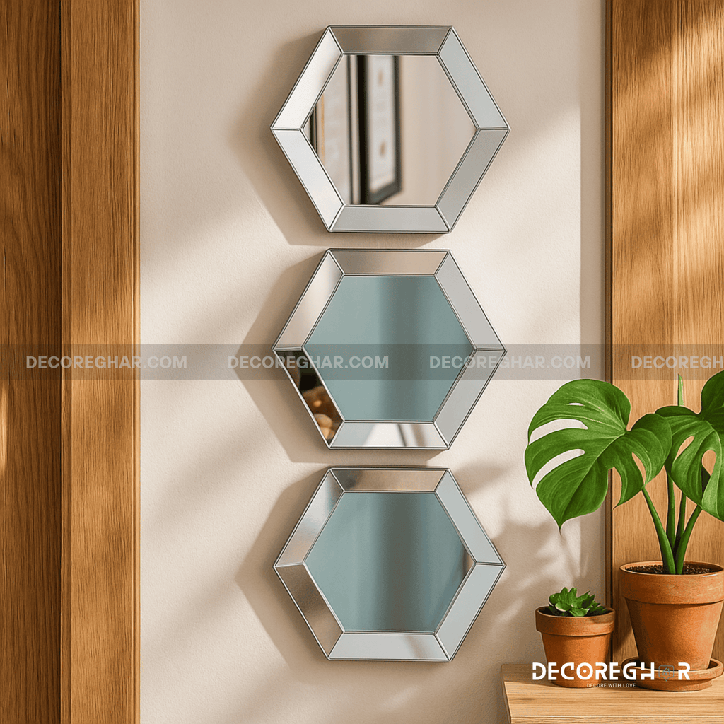Modern Hexagonal Mirror Wall Art – Vertical Rose-Gold Set for Elegant Small Spaces