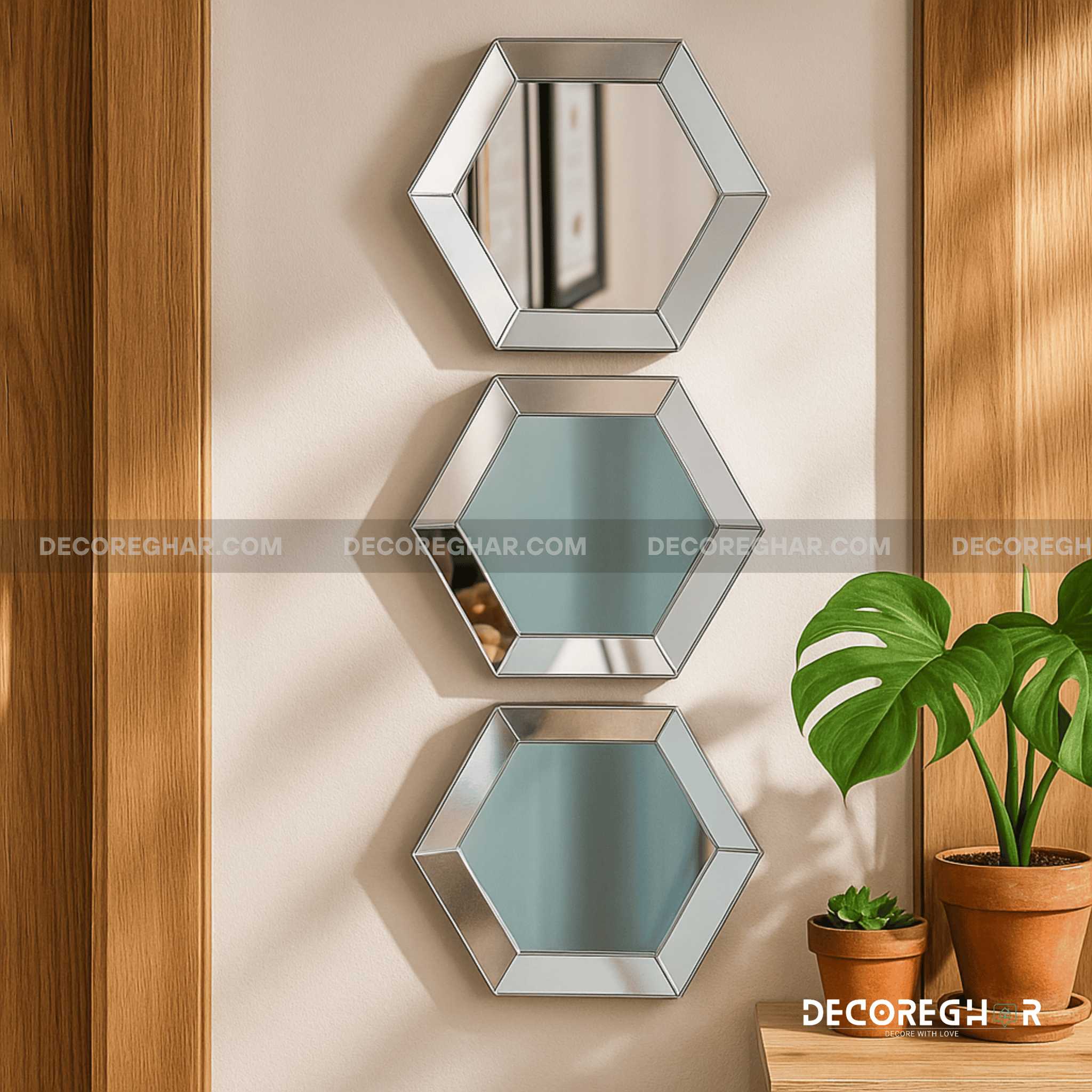 Modern Hexagonal Mirror Wall Art – Vertical Rose-Gold Set for Elegant Small Spaces