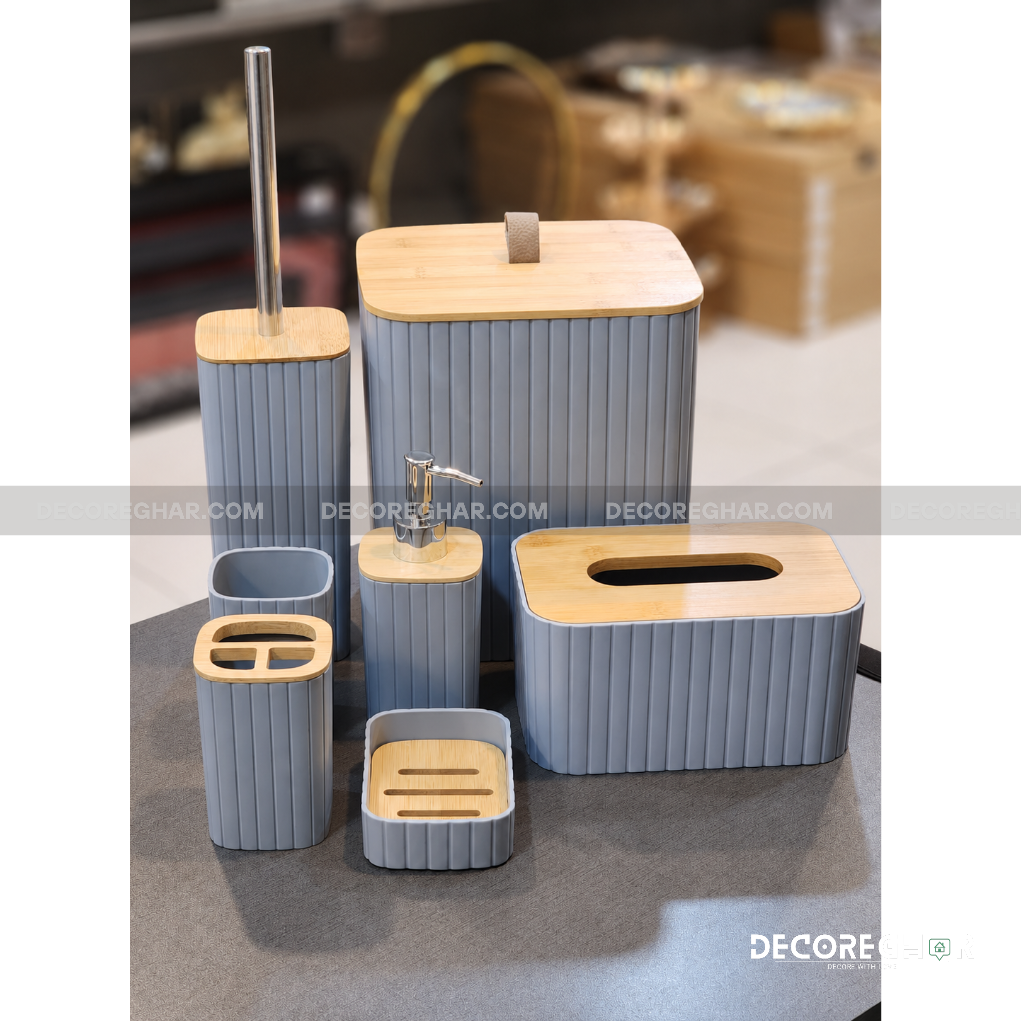 Ribbed Bamboo Bathroom Accessory Set – 6 Piece