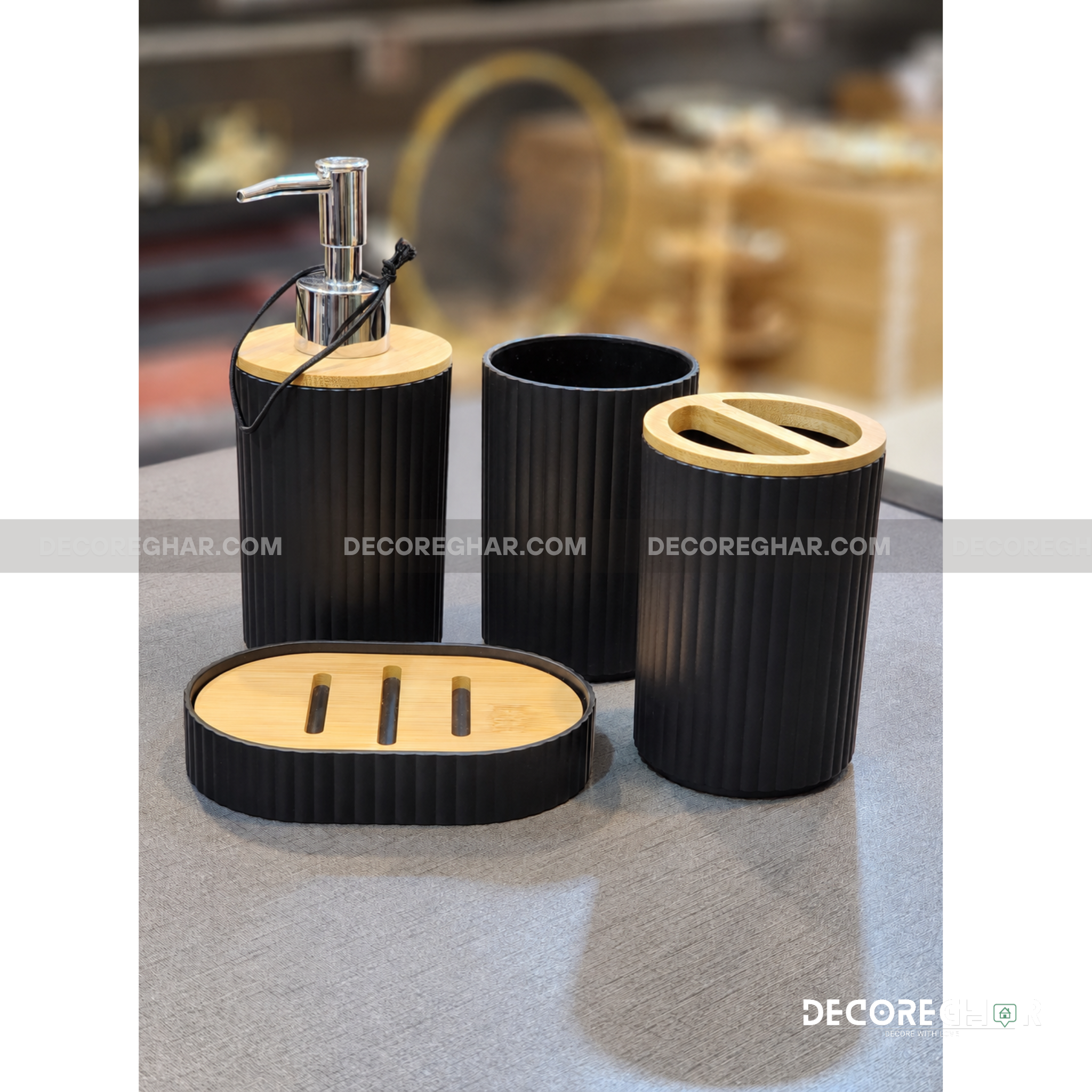 Modern Matte Black & Bamboo Bathroom Accessory Set – 4-Piece Vanity Organizer