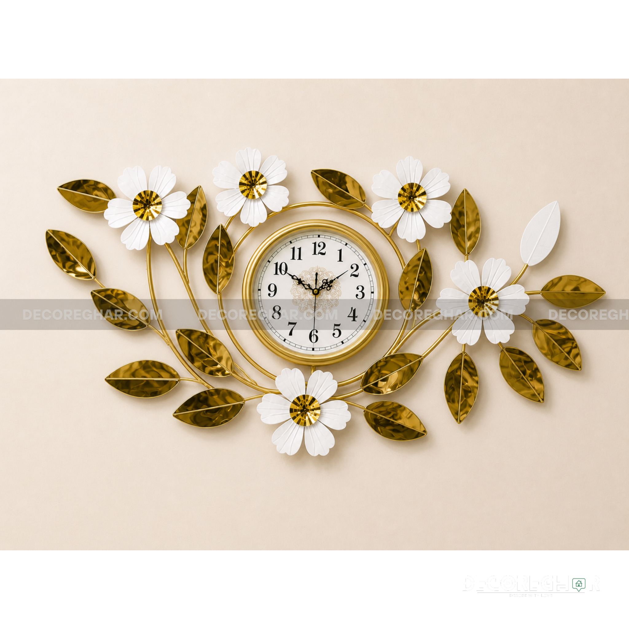 Luxury Floral Wall Clock – Modern Gold & White Metal Wall Decor for Living Room