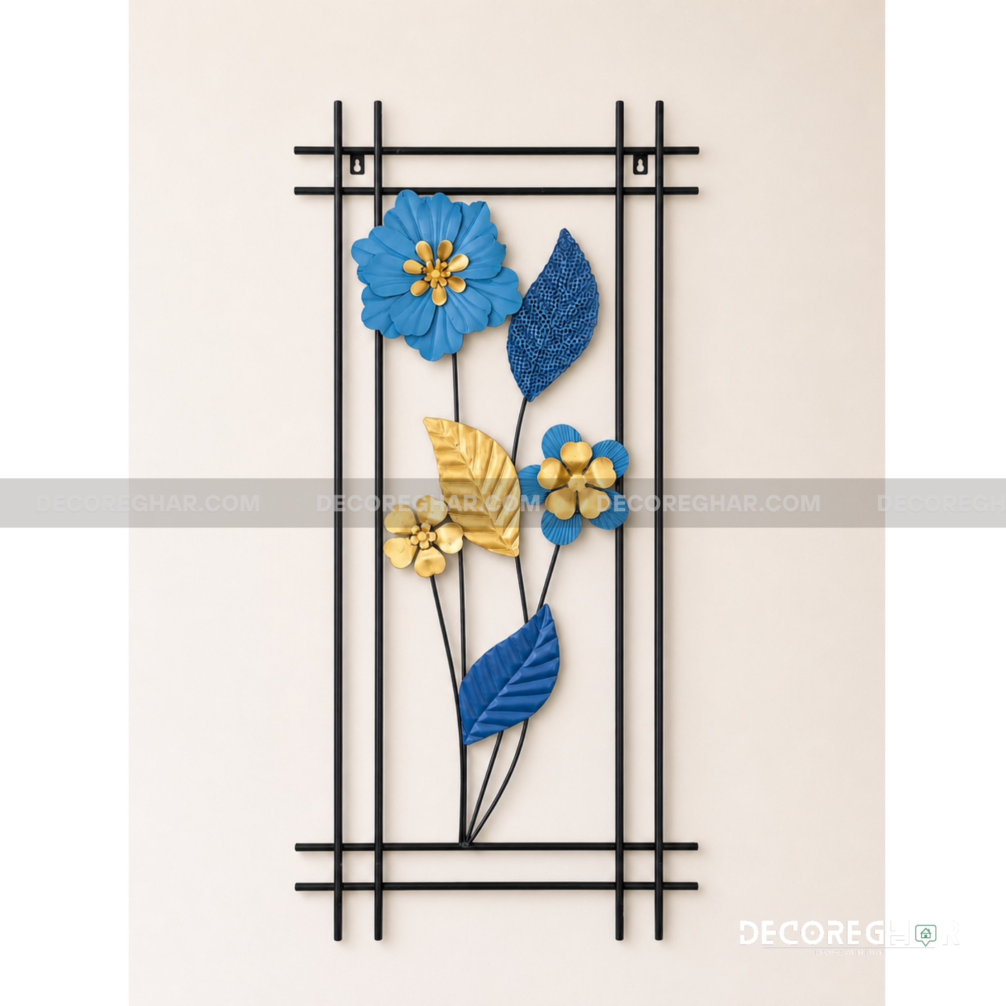 Modern Blue & Gold Floral Metal Wall Art – Geometric Frame Decor