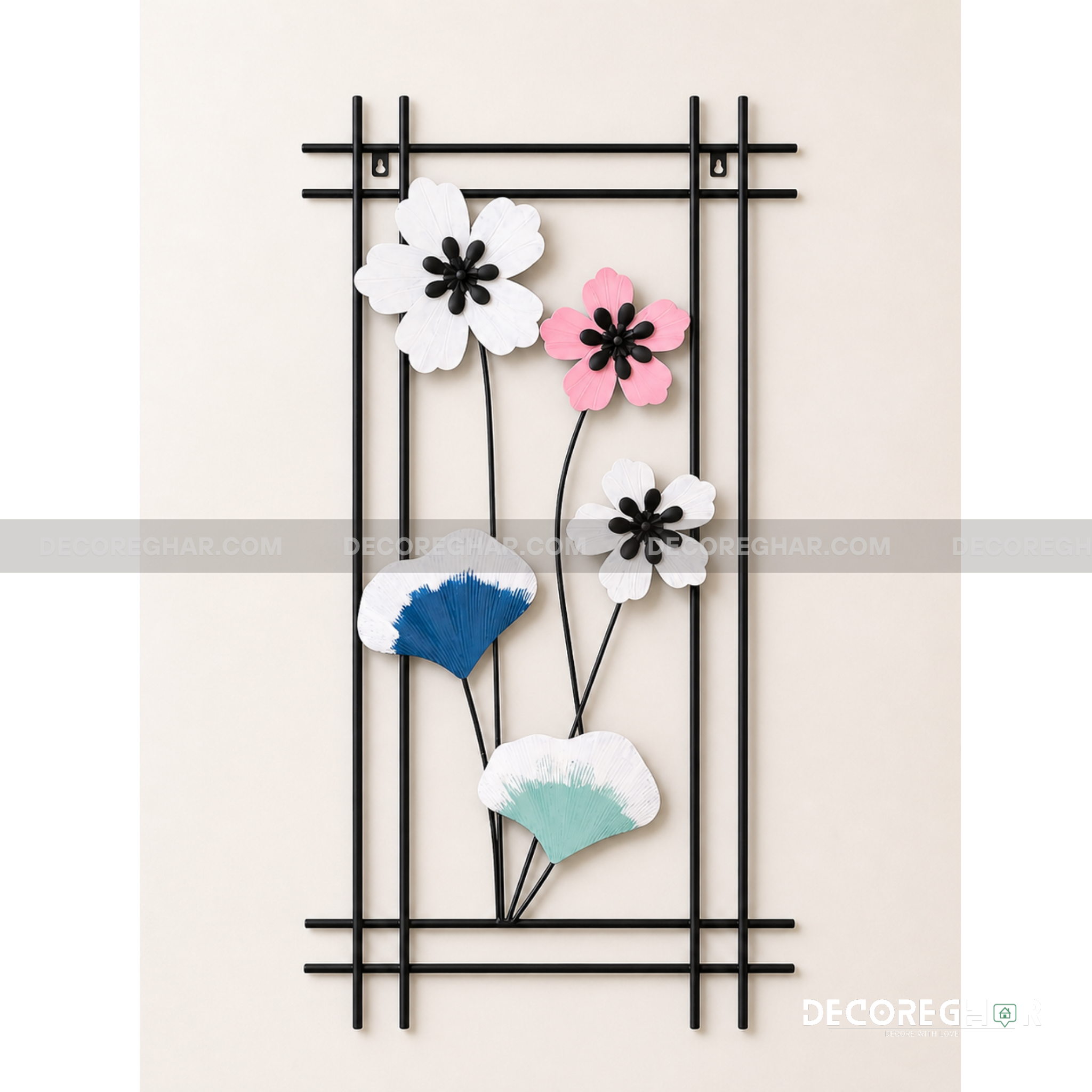 Modern Pastel Floral Metal Wall Art – Black Frame Decorative Panel