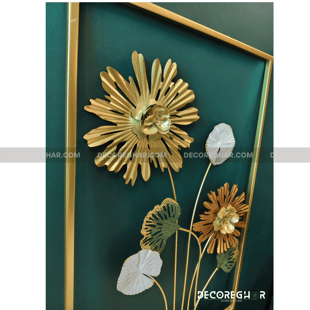 Golden Frame 3D Metal Flower Wall Art – Modern Floral Home Décor